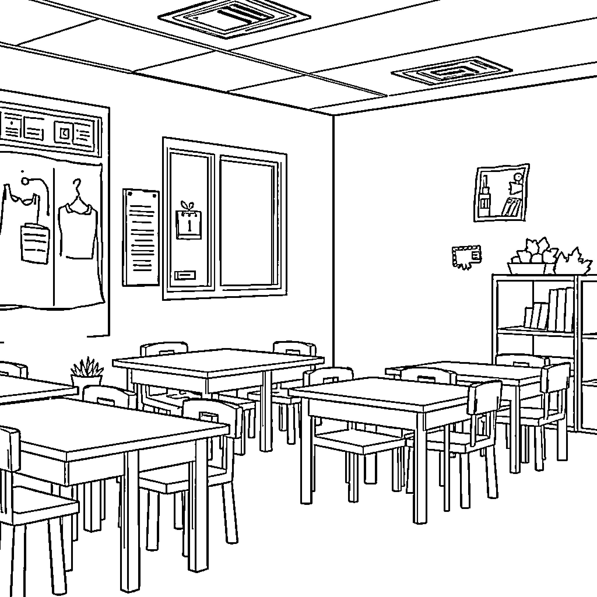 Classroom with tables and chairs Coloring Page (free black-and-white line drawing printable PDF for all, from beginners to advanced learners, including children, teens, adults, and seniors)