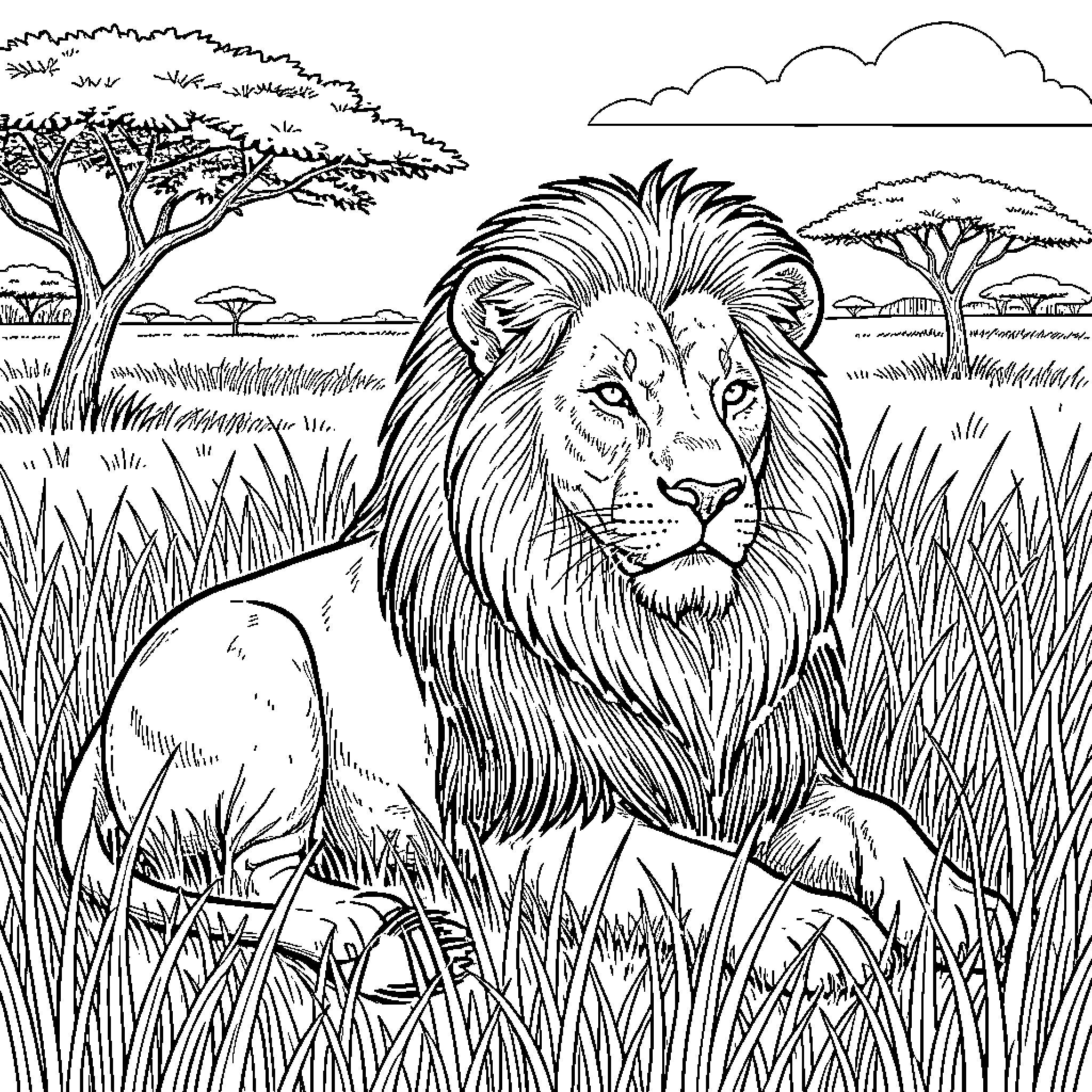 Lion in a tranquil savanna landscape Coloring Page (free black-and-white line drawing printable PDF for all, from beginners to advanced learners, including children, teens, adults, and seniors)