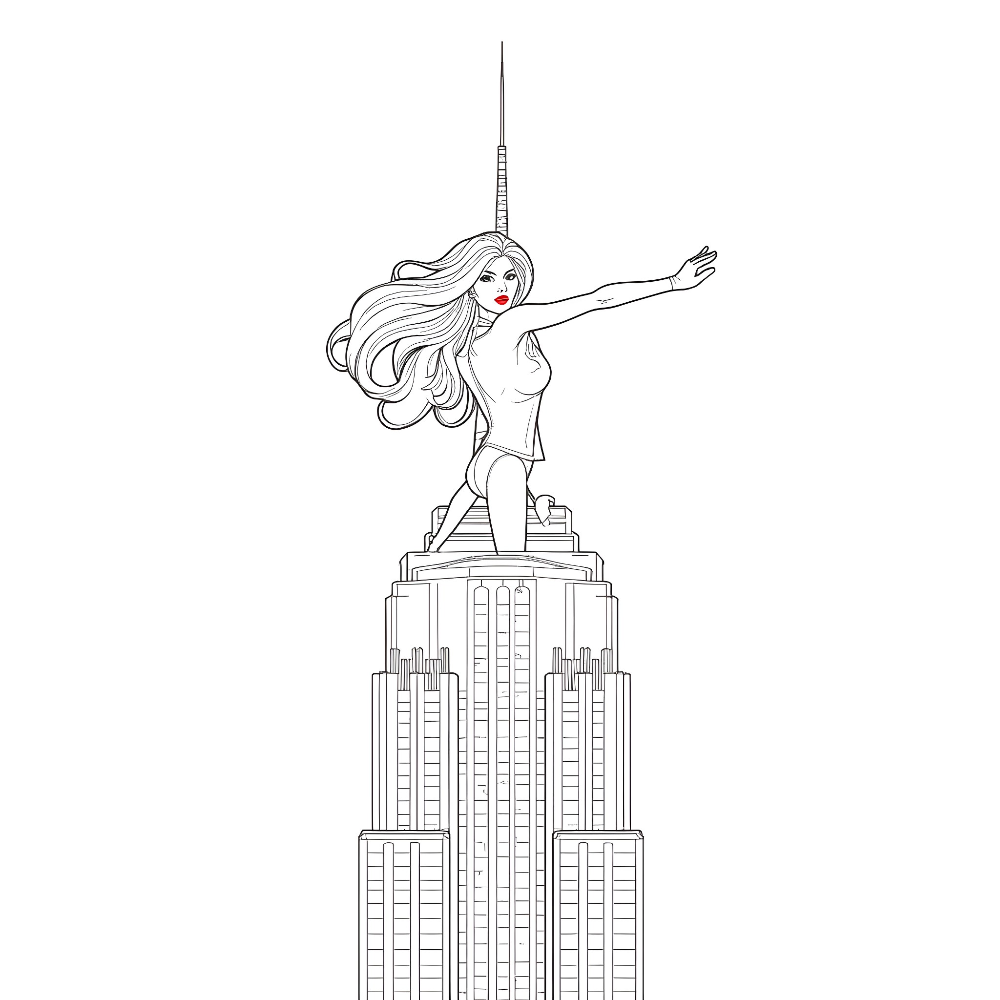 Pamela Anderson atop the Empire State Building Coloring Page (free black-and-white line drawing printable PDF for all, from beginners to advanced learners, including children, teens, adults, and seniors)