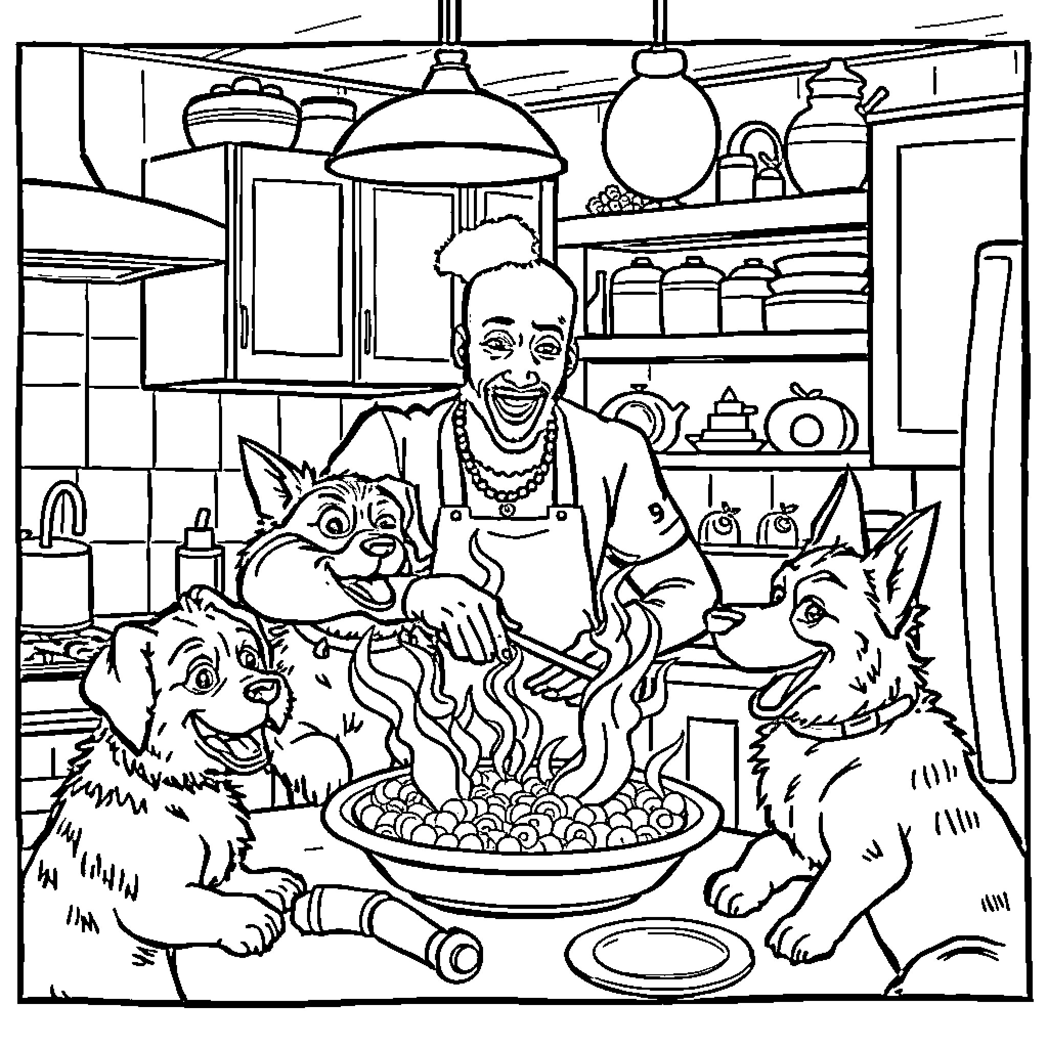 DMX cooking with his pet dogs in the kitchen Coloring Page (free black-and-white line drawing printable PDF for all, from beginners to advanced learners, including children, teens, adults, and seniors)