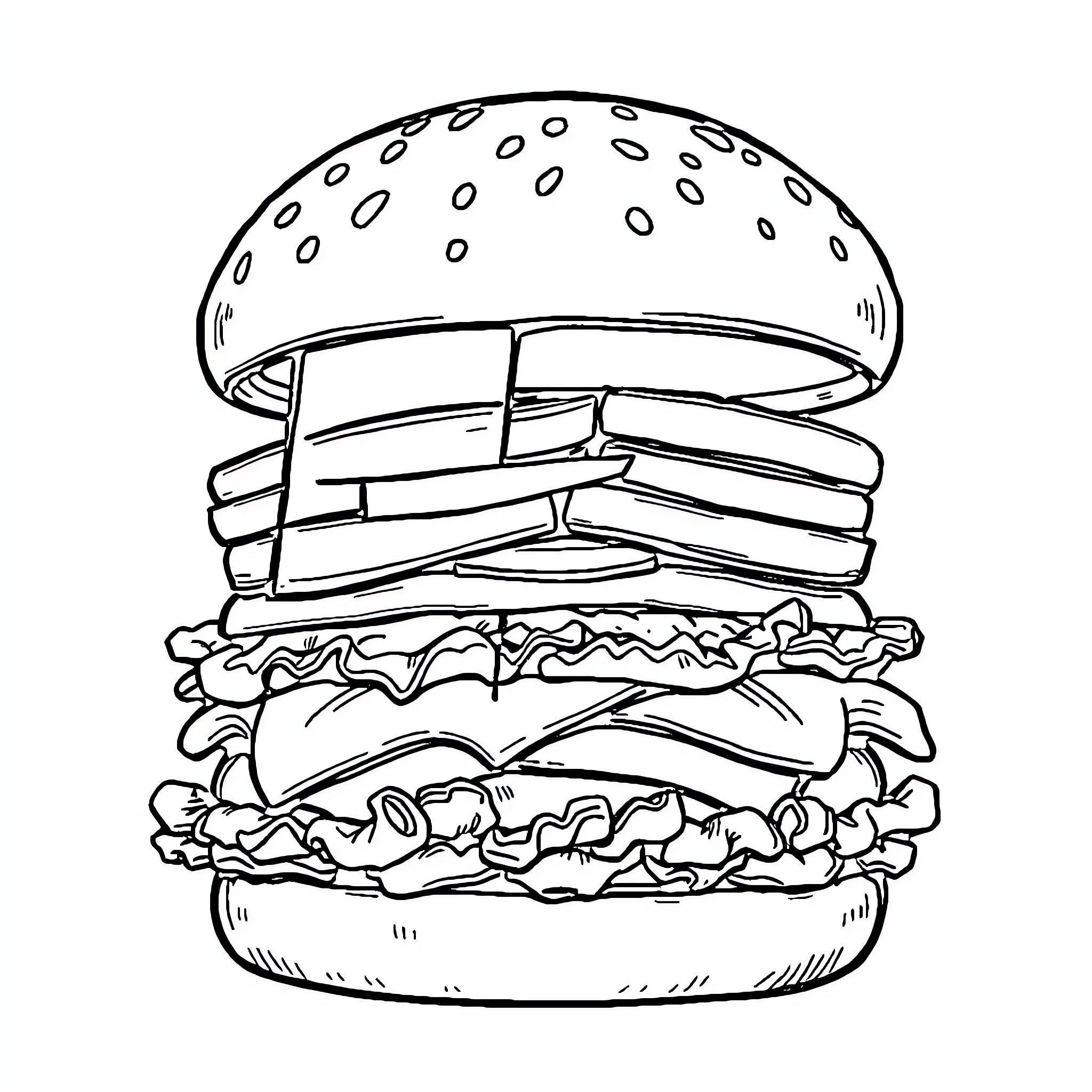 Burger with layered ingredients Coloring Page (free black-and-white line drawing printable PDF for all, from beginners to advanced learners, including children, teens, adults, and seniors)
