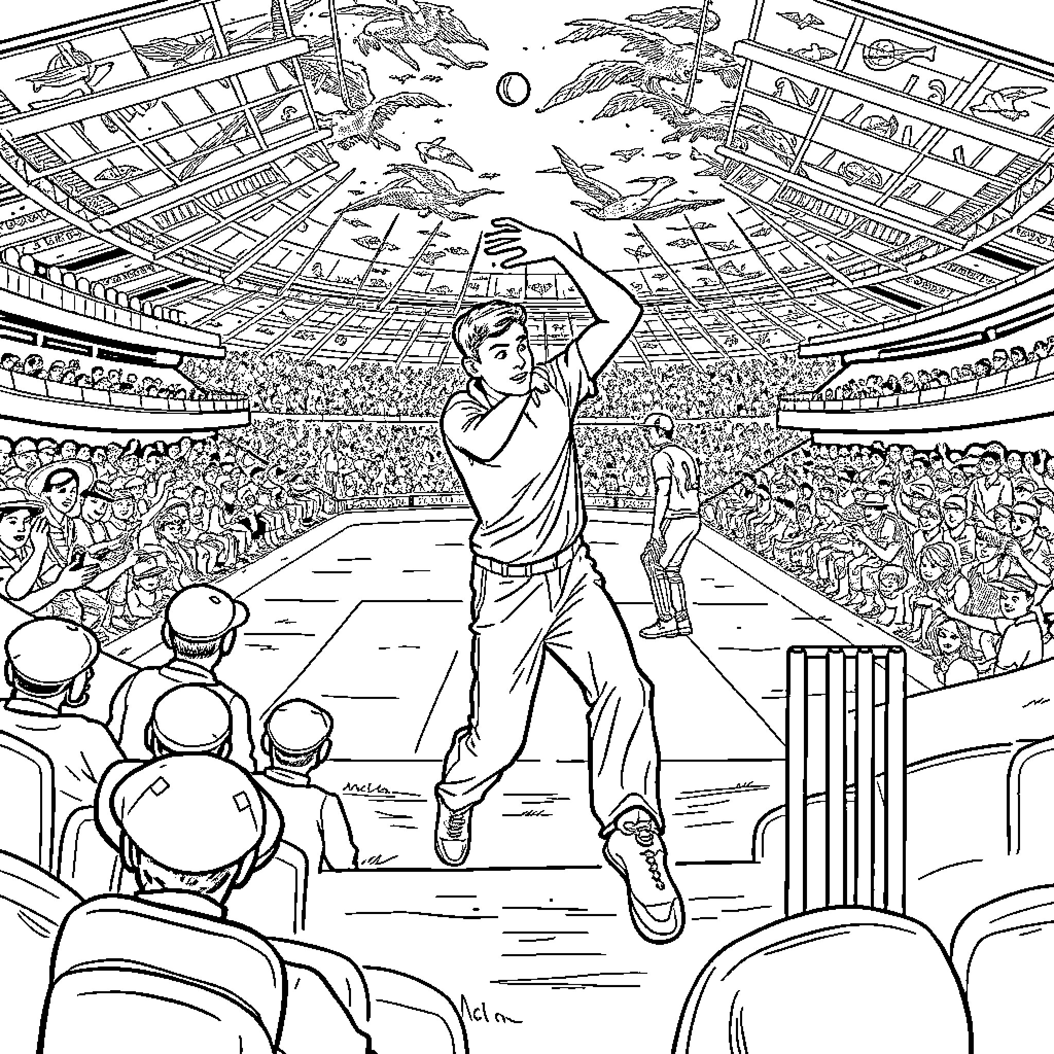 Cricket match in a grand stadium Coloring Page (free black-and-white line drawing printable PDF for all, from beginners to advanced learners, including children, teens, adults, and seniors)