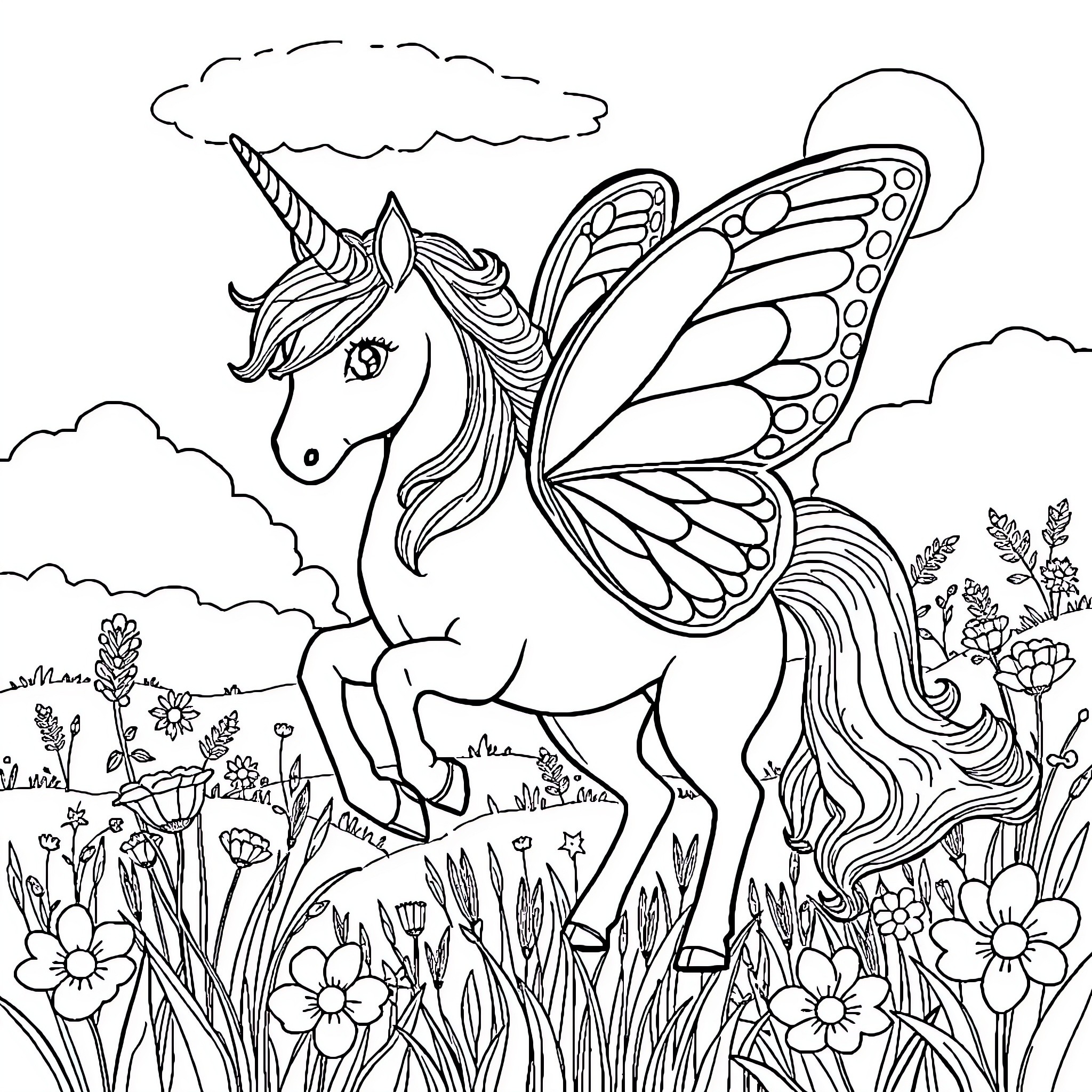 Butterfly Unicorn soaring through a magical floral landscape Coloring Page (free black-and-white line drawing printable PDF for all, from beginners to advanced learners, including children, teens, adults, and seniors)