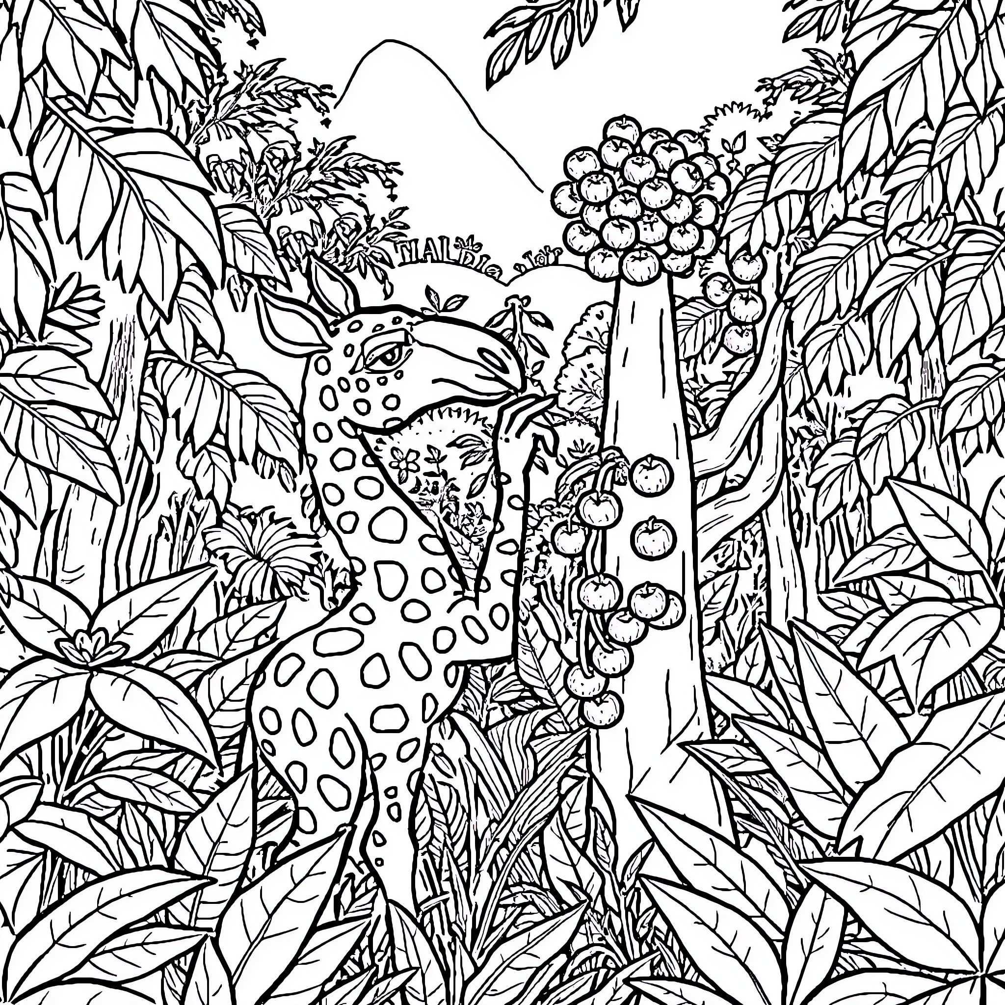 Giraffe hidden in the lush tropical foliage Coloring Page (free black-and-white line drawing printable PDF for all, from beginners to advanced learners, including children, teens, adults, and seniors)