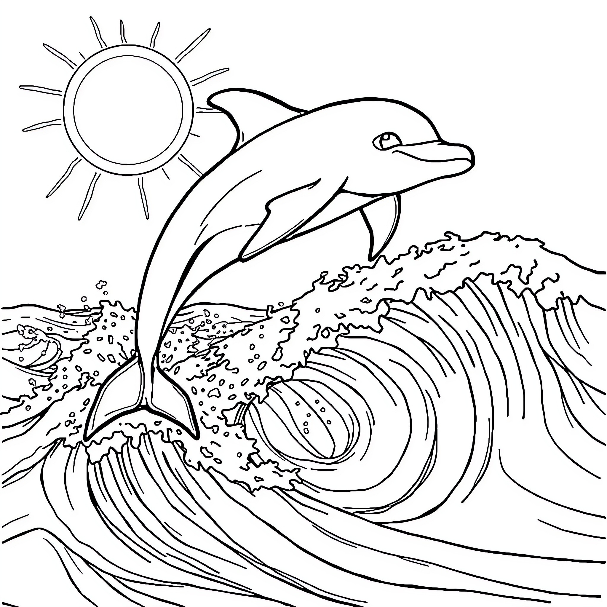 Dolphin jumping over ocean waves Coloring Page (free black-and-white line drawing printable PDF for all, from beginners to advanced learners, including children, teens, adults, and seniors)
