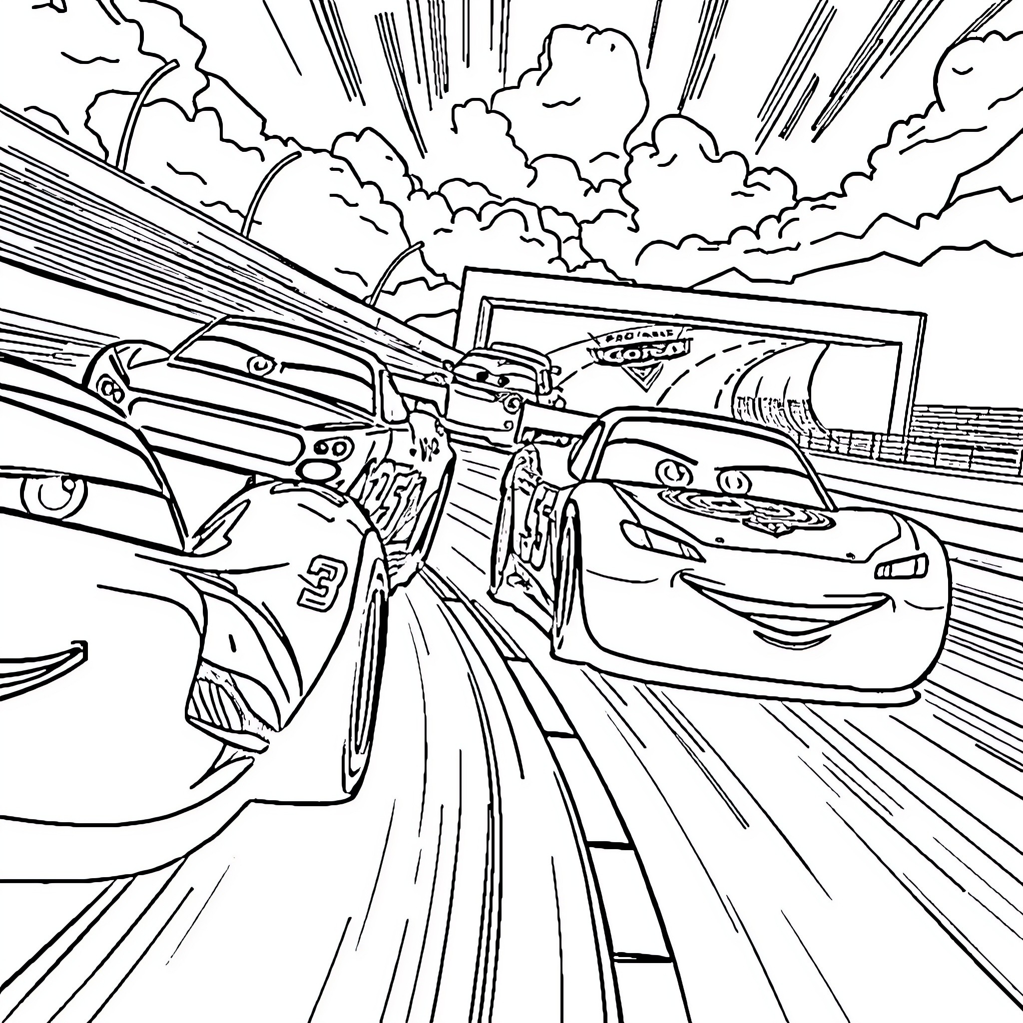 Cars racing on the highway with speed and excitement Coloring Page (free black-and-white line drawing printable PDF for all, from beginners to advanced learners, including children, teens, adults, and seniors)