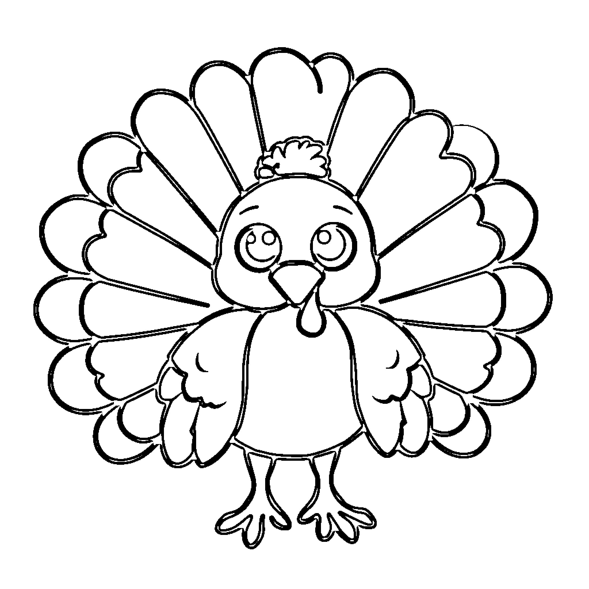 Turkey with funny expression and feathered plumage Coloring Page (free black-and-white line drawing printable PDF for all, from beginners to advanced learners, including children, teens, adults, and seniors)