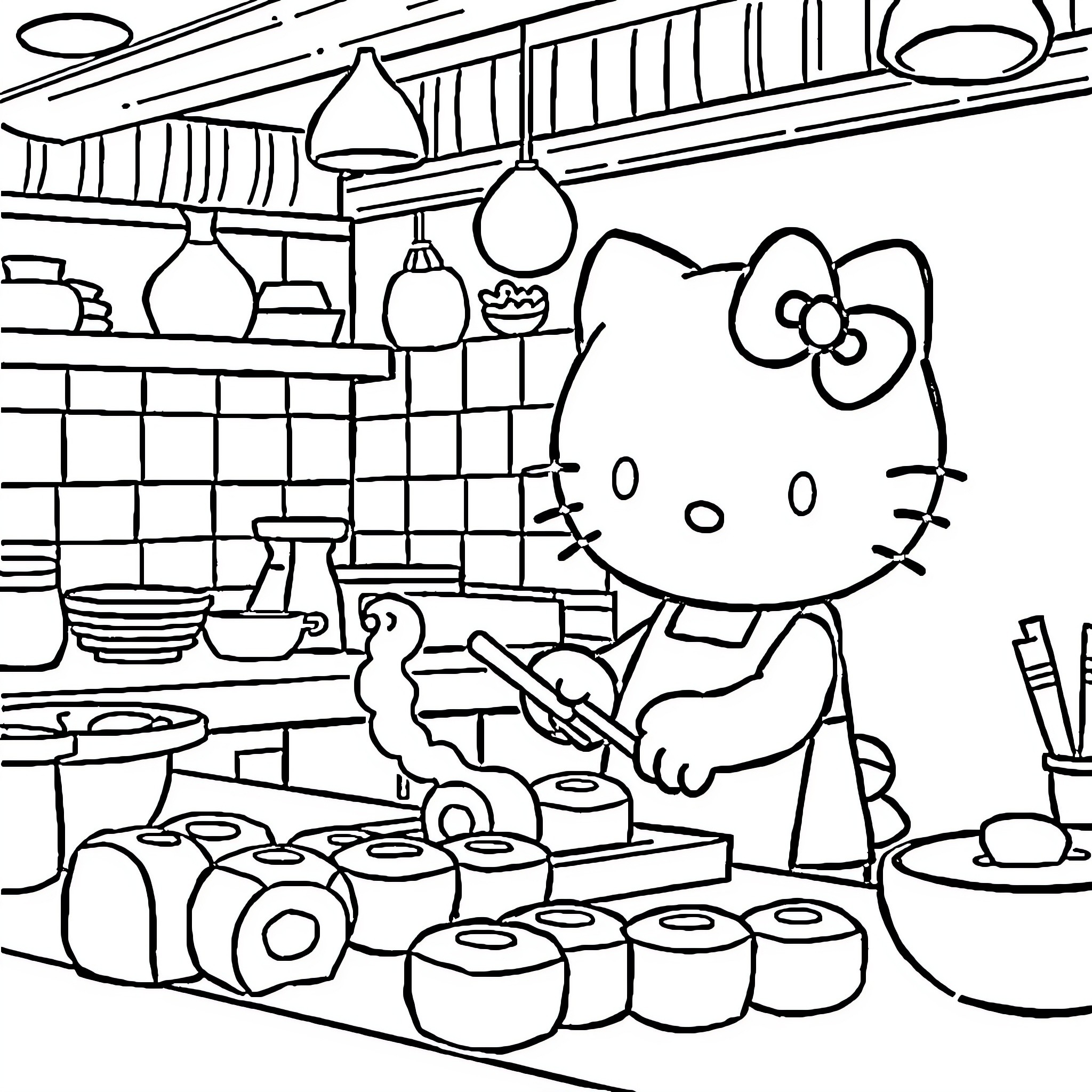 Hello Kitty cooking in the kitchen Coloring Page (free black-and-white line drawing printable PDF for all, from beginners to advanced learners, including children, teens, adults, and seniors)