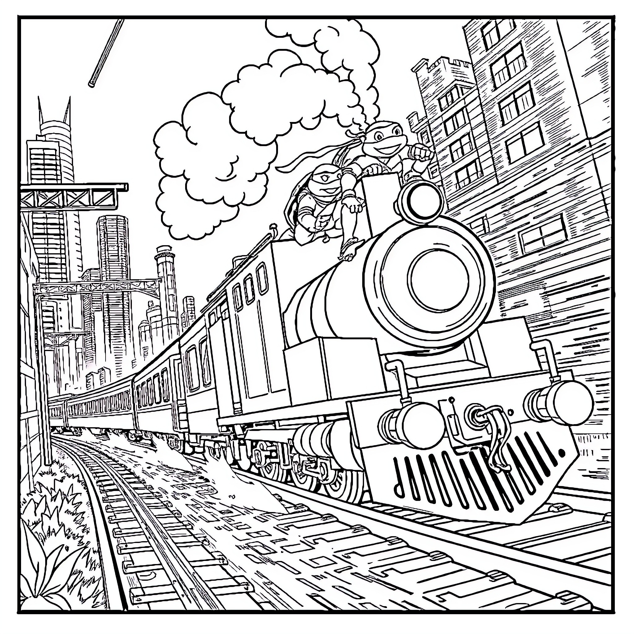 Ninja Turtle riding a speeding train through the city Coloring Page (free black-and-white line drawing printable PDF for all, from beginners to advanced learners, including children, teens, adults, and seniors)