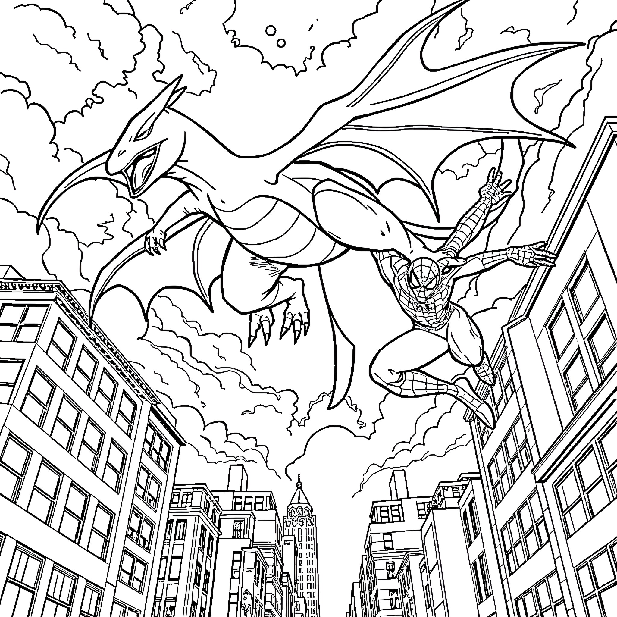 Charizard soaring over the city skyline Coloring Page (free black-and-white line drawing printable PDF for all, from beginners to advanced learners, including children, teens, adults, and seniors)