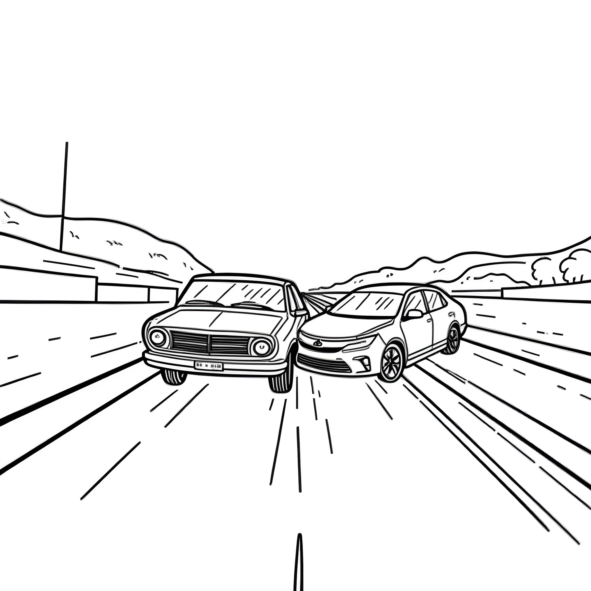 Cars racing on the open road Coloring Page (free black-and-white line drawing printable PDF for all, from beginners to advanced learners, including children, teens, adults, and seniors)