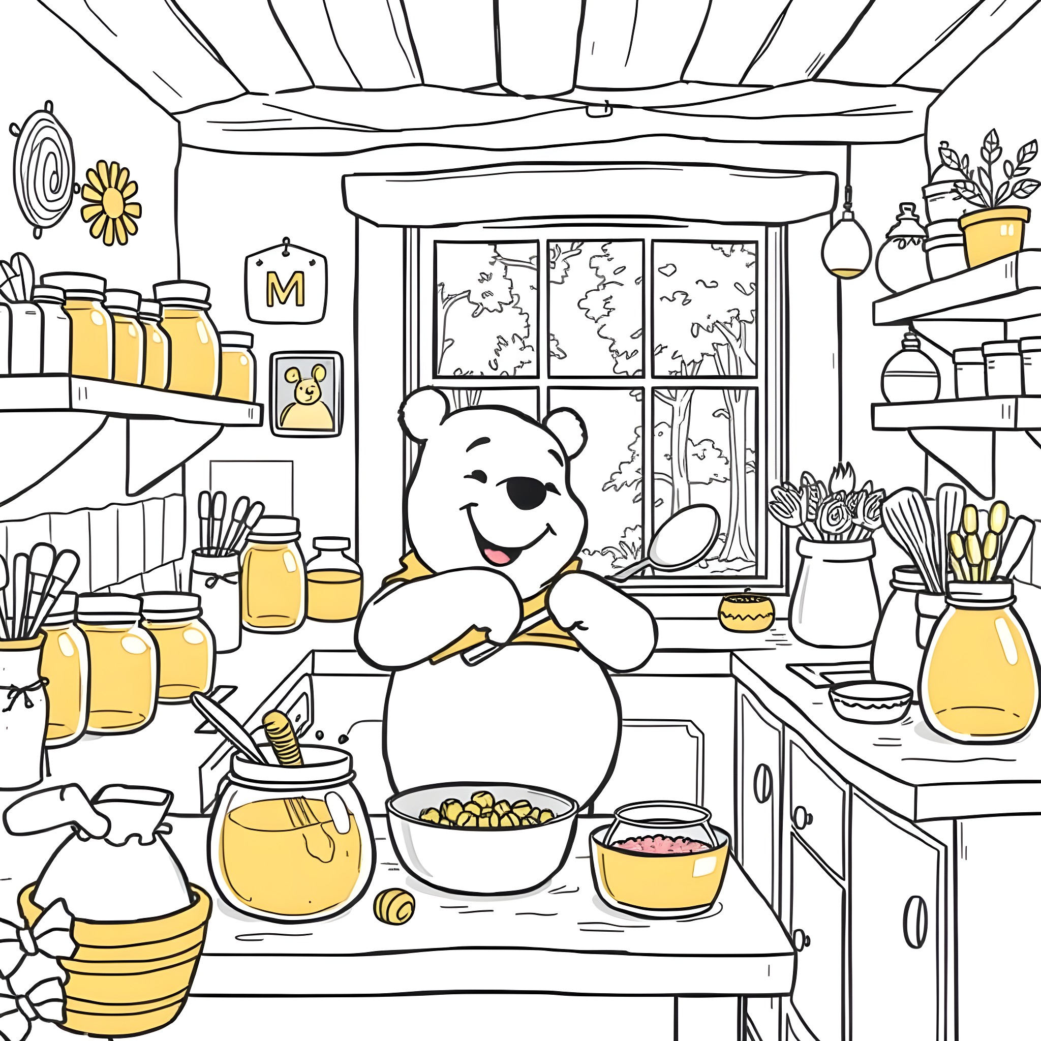 Winnie The Pooh Making Honey in the Cozy Kitchen Coloring Page (free black-and-white line drawing printable PDF for all, from beginners to advanced learners, including children, teens, adults, and seniors)