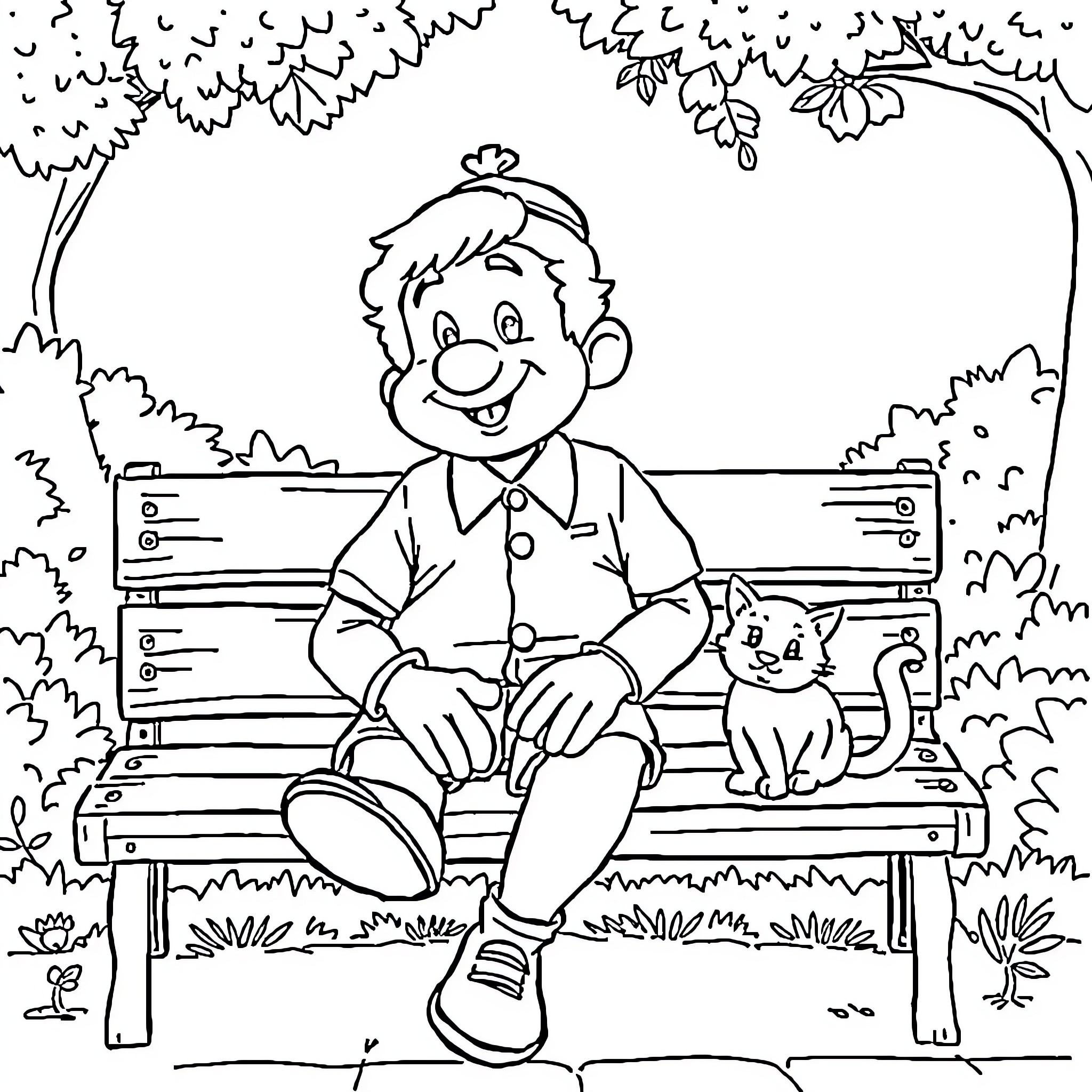 El Chavo del Ocho enjoying a peaceful moment with a feline friend Coloring Page (free black-and-white line drawing printable PDF for all, from beginners to advanced learners, including children, teens, adults, and seniors)