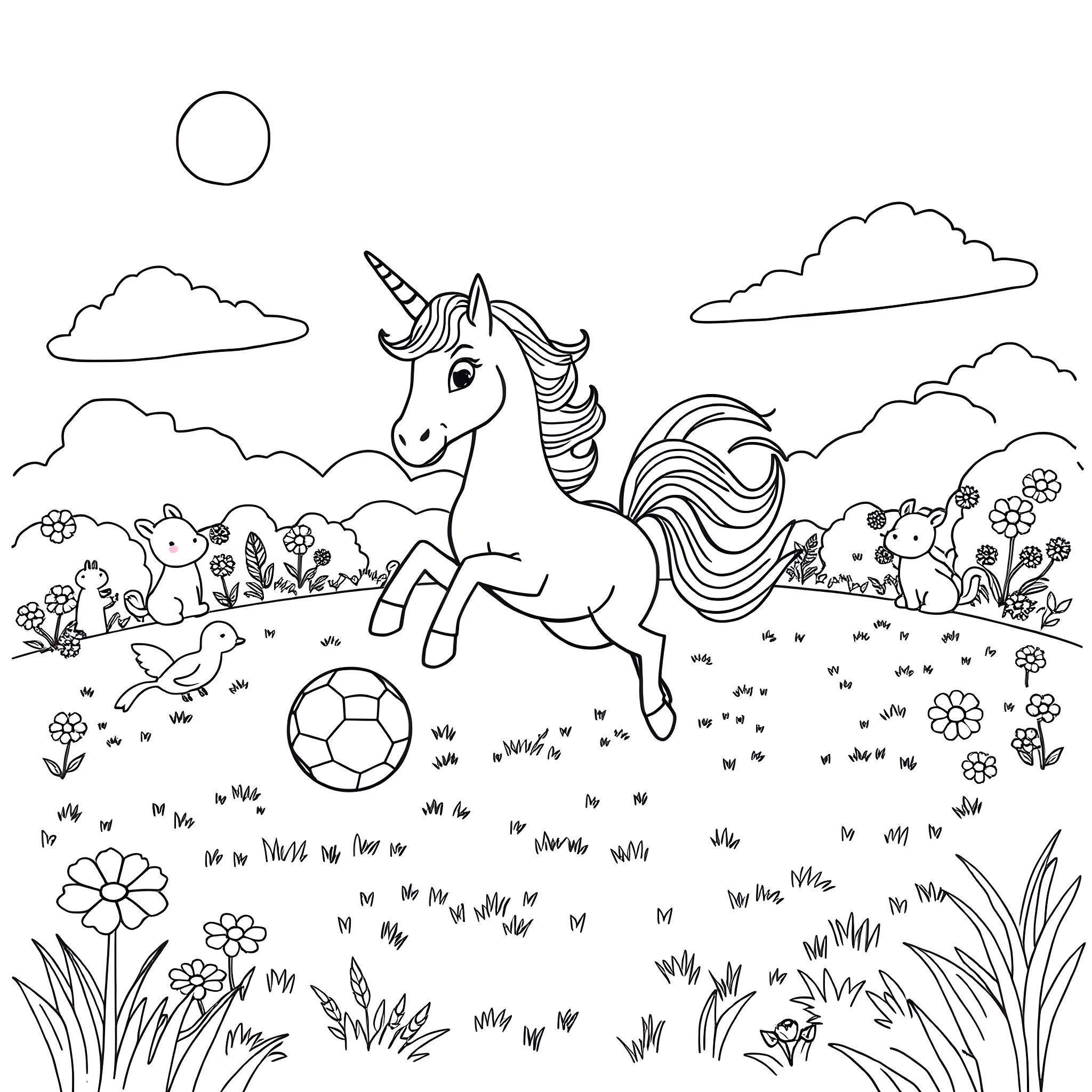 Unicorn galloping through a whimsical meadow Coloring Page (free black-and-white line drawing printable PDF for all, from beginners to advanced learners, including children, teens, adults, and seniors)
