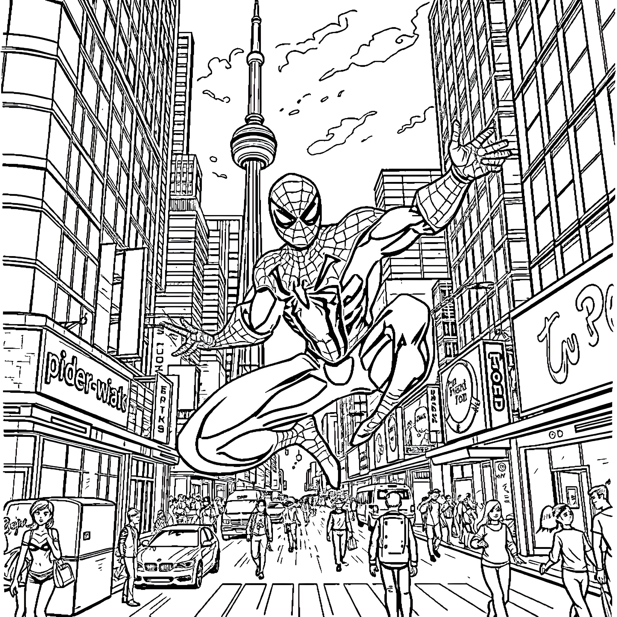 Spider-Man swinging through the bustling city Coloring Page (free black-and-white line drawing printable PDF for all, from beginners to advanced learners, including children, teens, adults, and seniors)