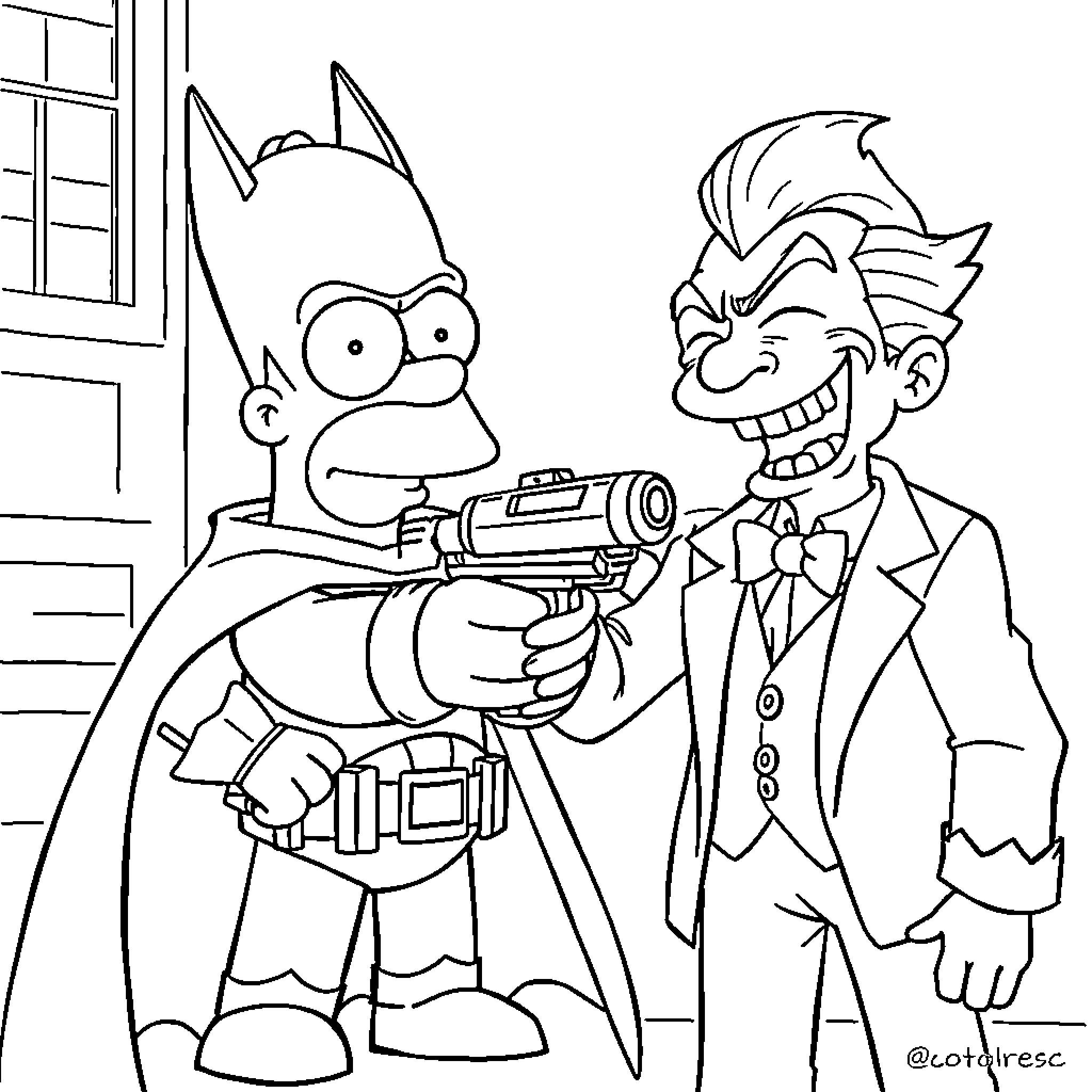 Homer Simpson confronts the Joker in a standoff Coloring Page (free black-and-white line drawing printable PDF for all, from beginners to advanced learners, including children, teens, adults, and seniors)