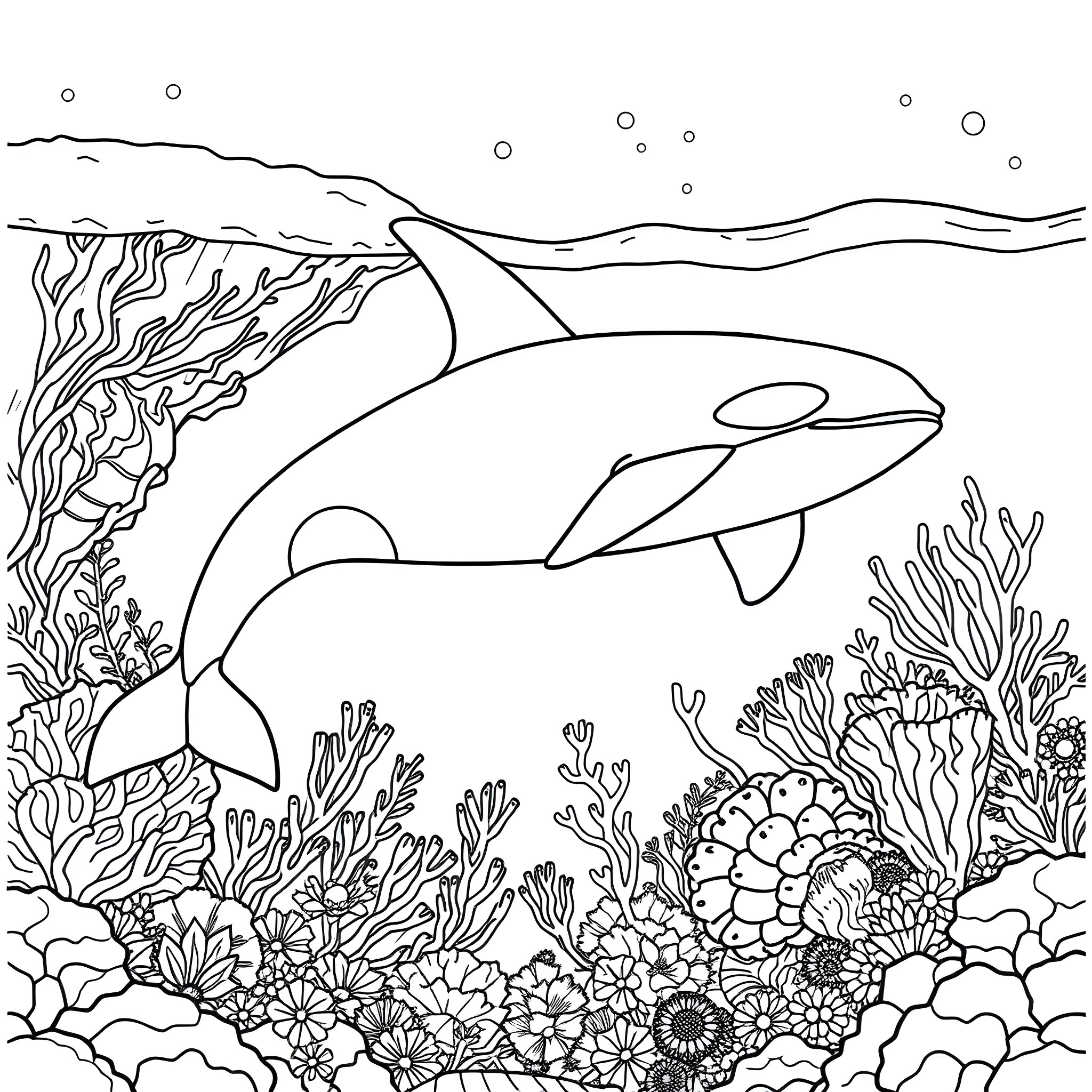 Orca swimming gracefully among coral reef Coloring Page (free black-and-white line drawing printable PDF for all, from beginners to advanced learners, including children, teens, adults, and seniors)