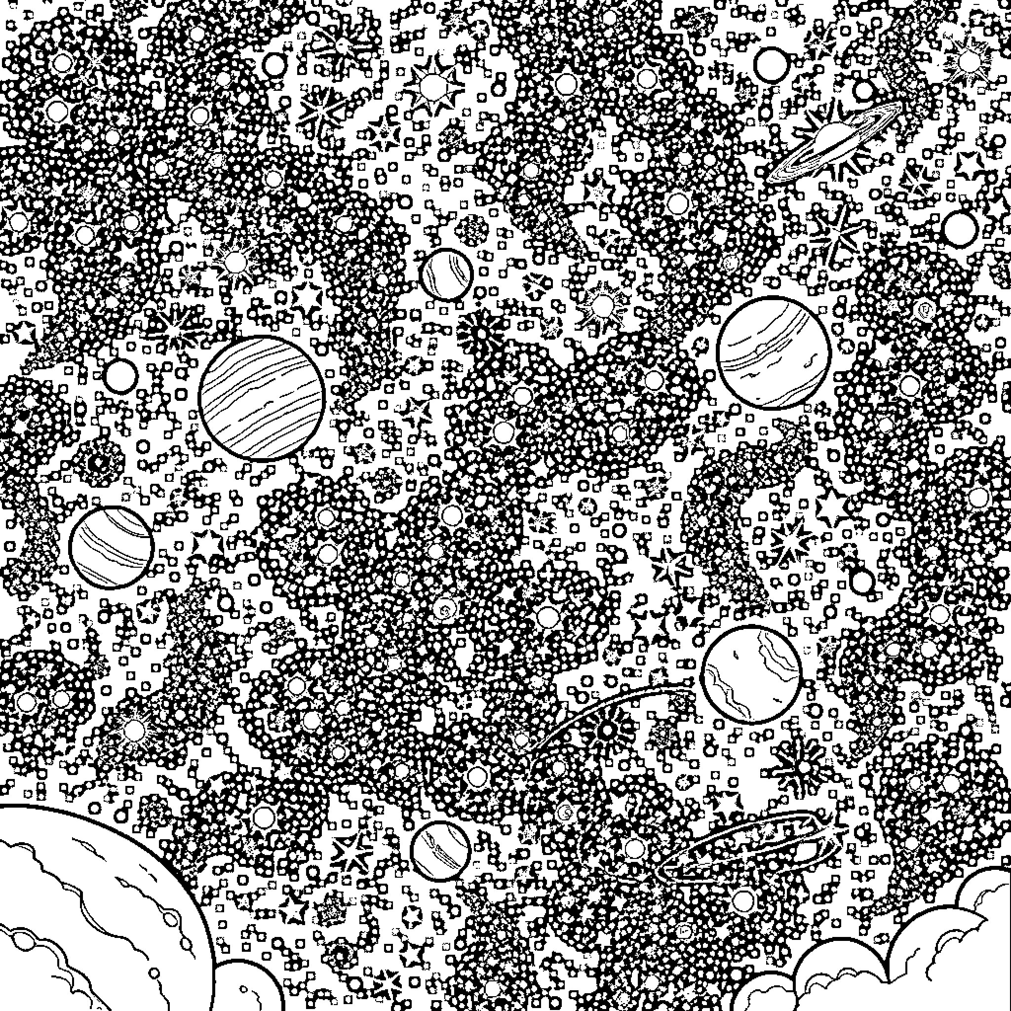 Universe of celestial wonders and cosmic formations Coloring Page (free black-and-white line drawing printable PDF for all, from beginners to advanced learners, including children, teens, adults, and seniors)