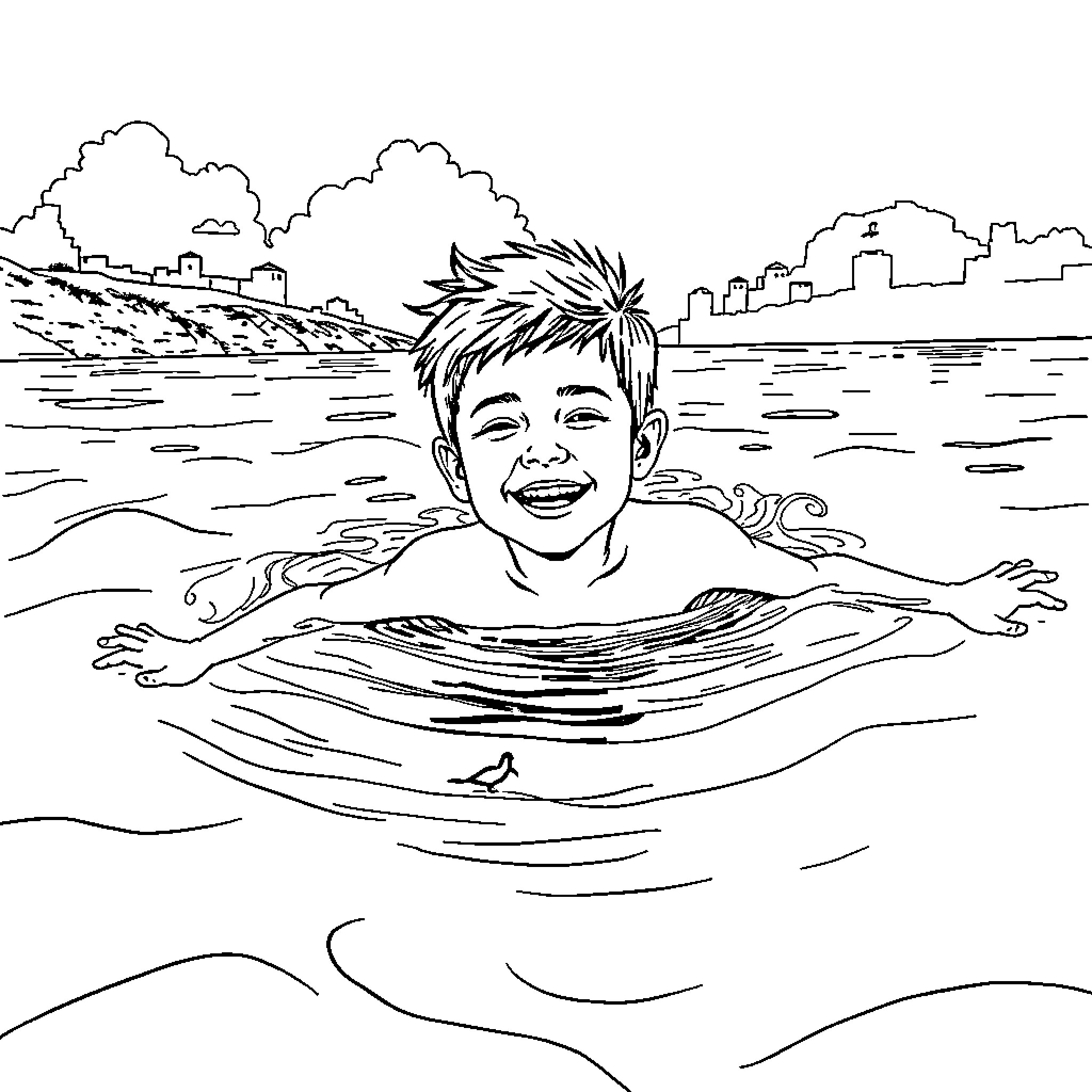 Boy enjoying a swim in the river Coloring Page (free black-and-white line drawing printable PDF for all, from beginners to advanced learners, including children, teens, adults, and seniors)