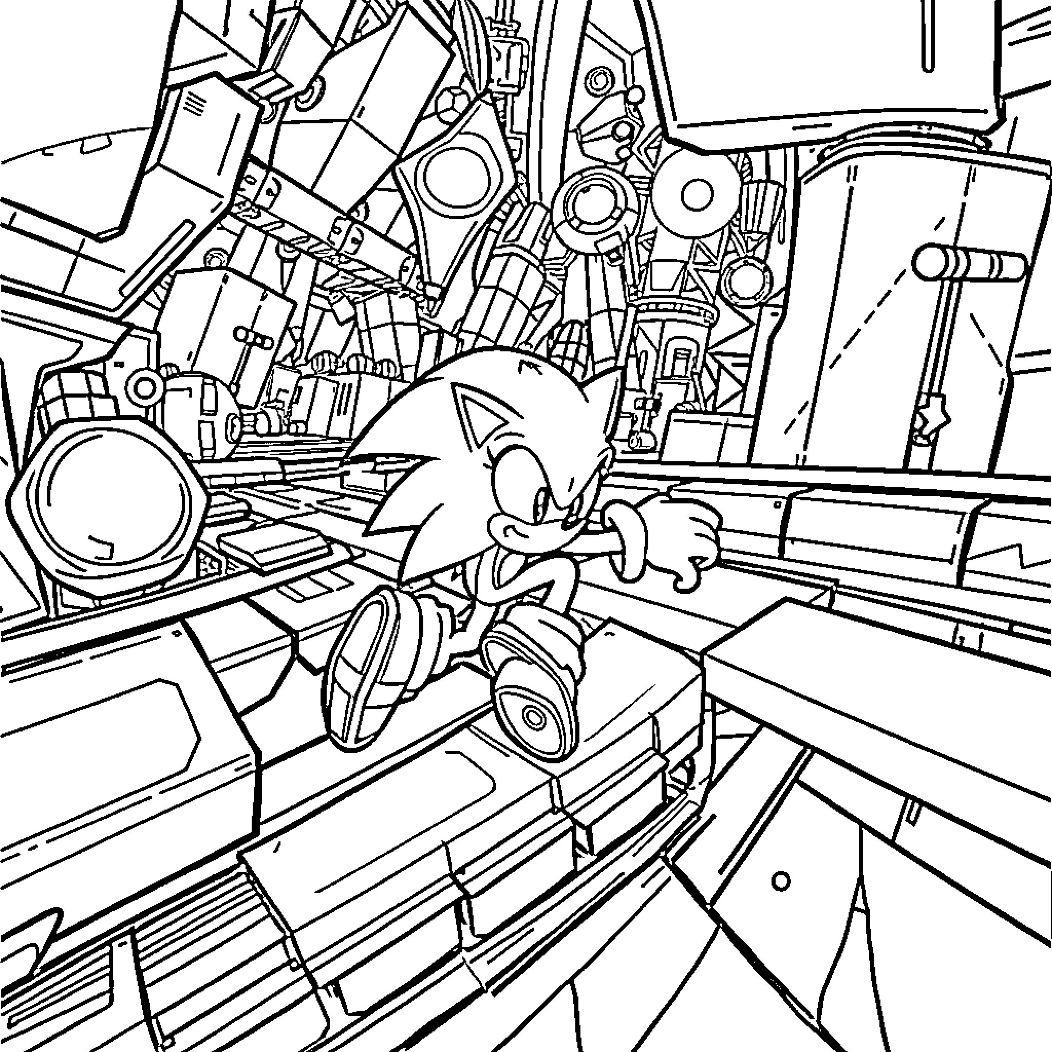 Sonic in high-speed robotic machinery Coloring Page (free black-and-white line drawing printable PDF for all, from beginners to advanced learners, including children, teens, adults, and seniors)