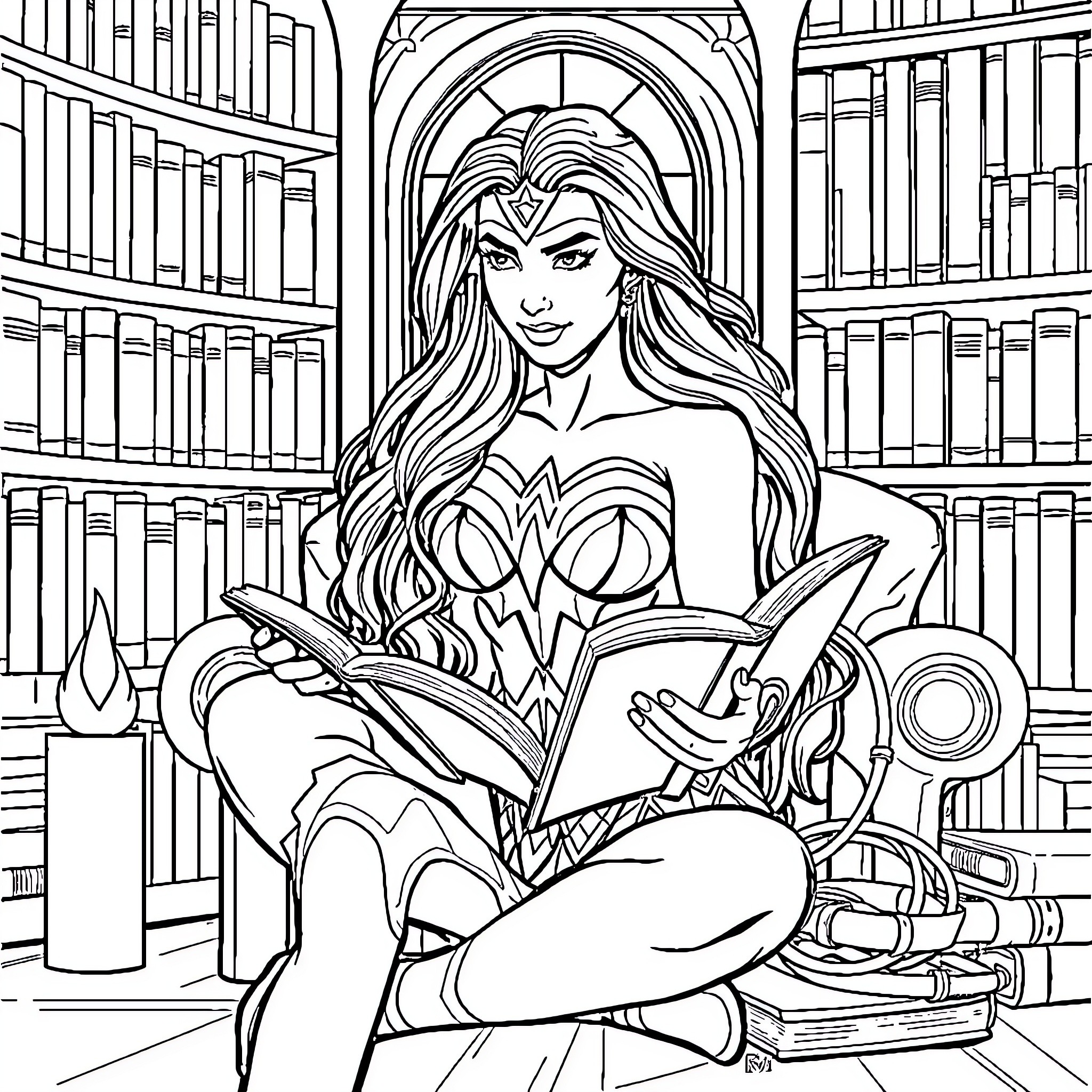 Wonder Woman reading in the library Coloring Page (free black-and-white line drawing printable PDF for all, from beginners to advanced learners, including children, teens, adults, and seniors)