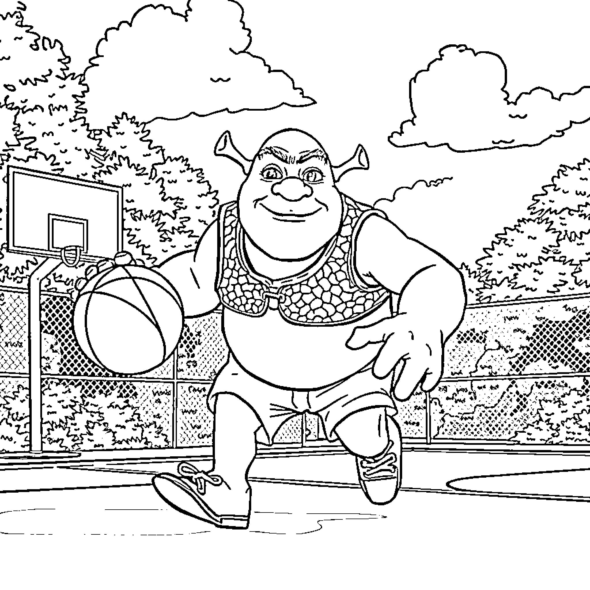 Shrek playing basketball on the court Coloring Page (free black-and-white line drawing printable PDF for all, from beginners to advanced learners, including children, teens, adults, and seniors)