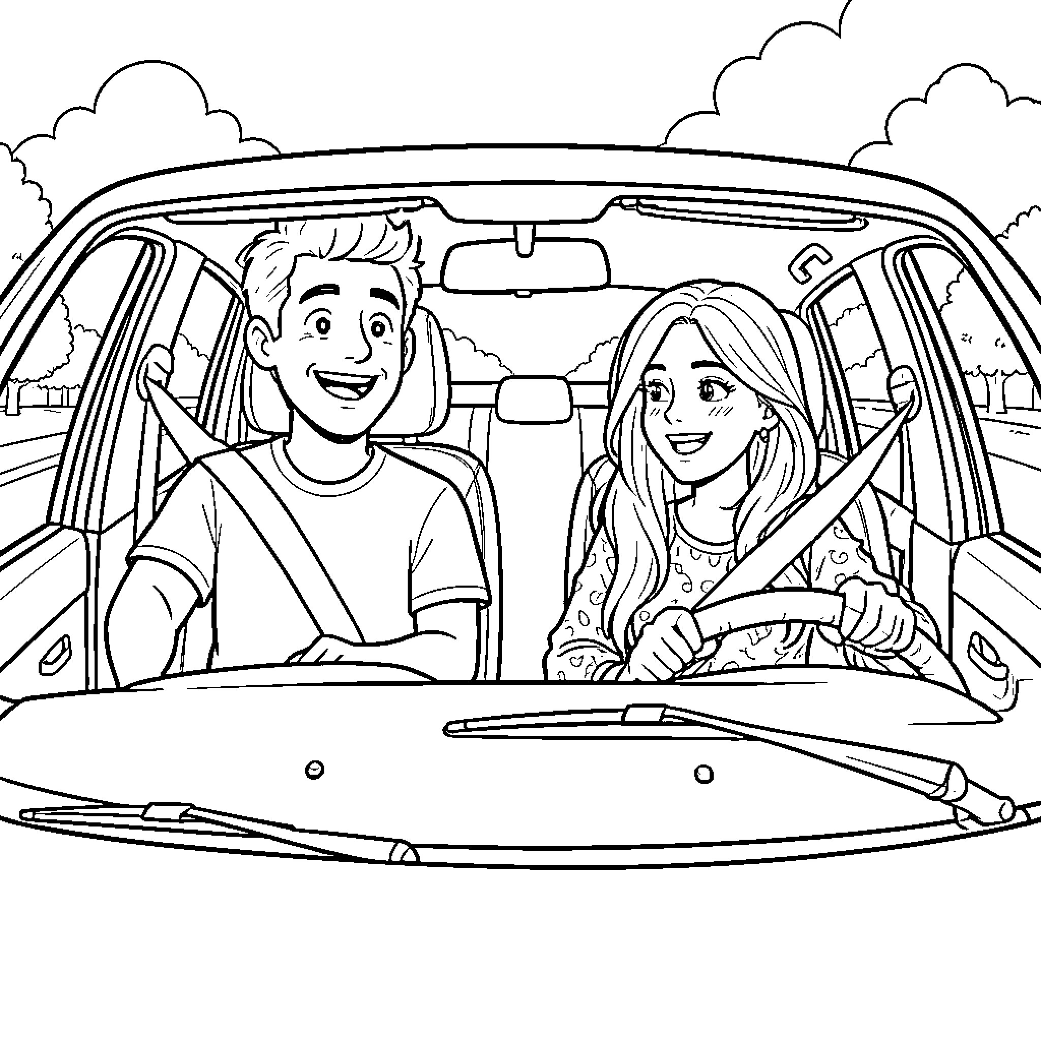 Nino et Jul driving a car together smiling Coloring Page (free black-and-white line drawing printable PDF for all, from beginners to advanced learners, including children, teens, adults, and seniors)