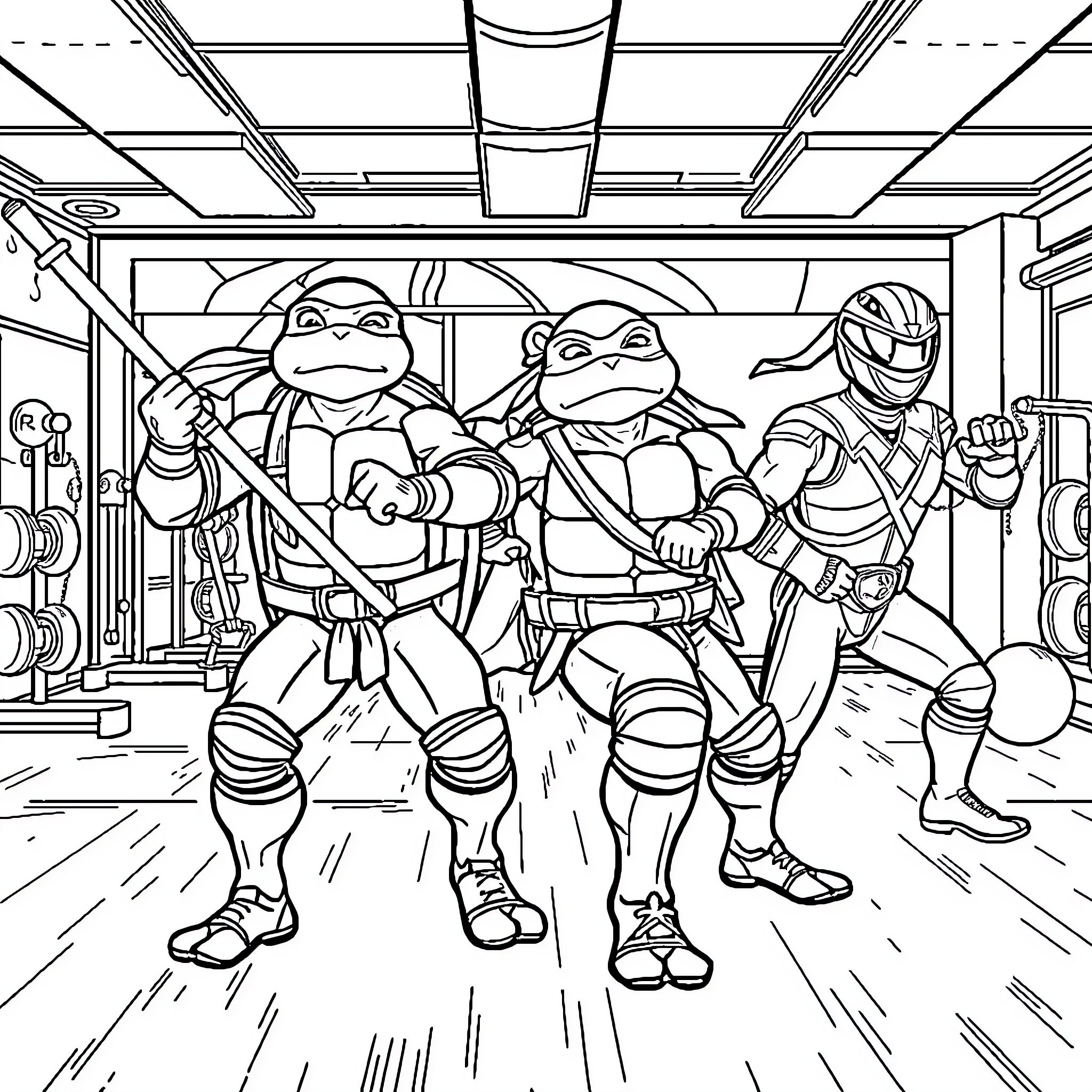 Ninja Turtles on the Move in Action-Packed Illustration Coloring Page (free black-and-white line drawing printable PDF for all, from beginners to advanced learners, including children, teens, adults, and seniors)