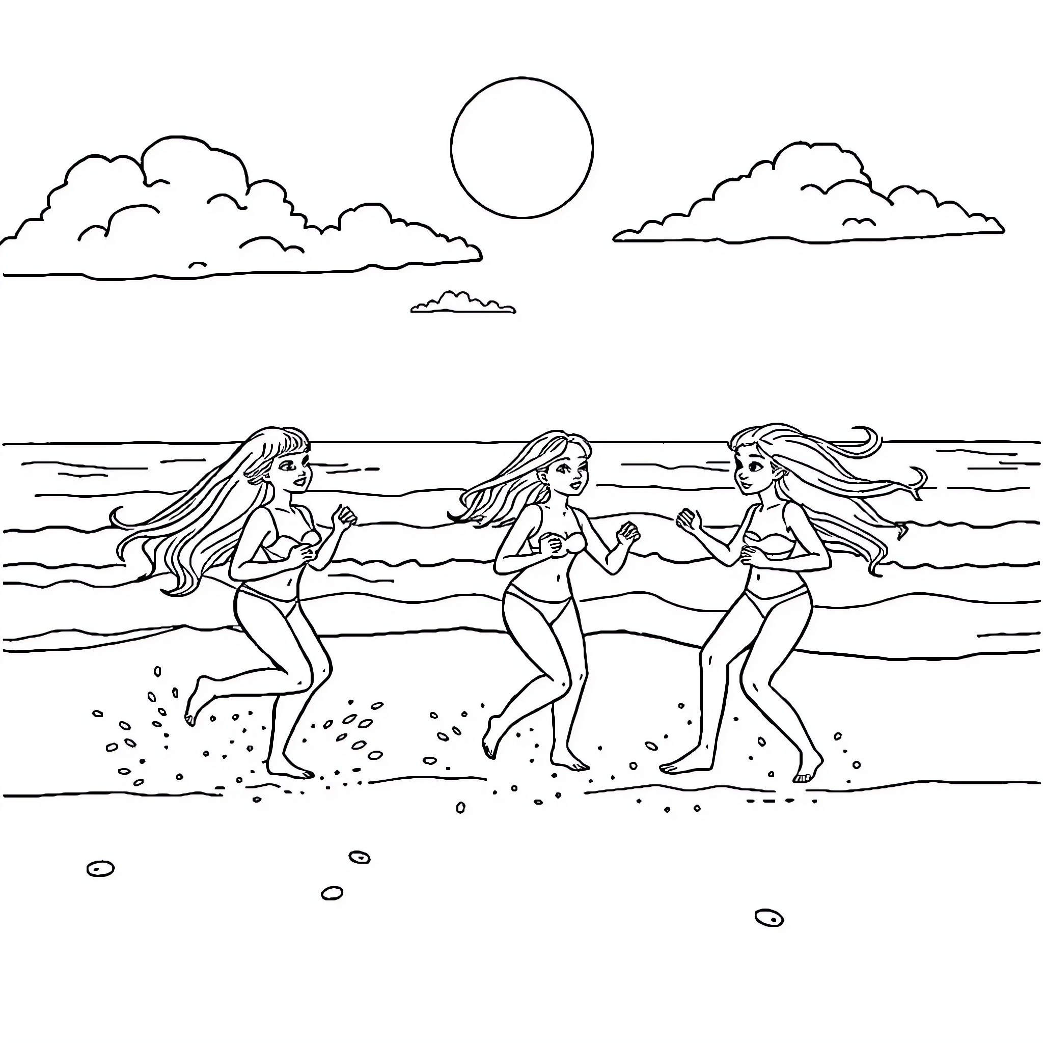Actress enjoying a day at the beach with friends Coloring Page (free black-and-white line drawing printable PDF for all, from beginners to advanced learners, including children, teens, adults, and seniors)