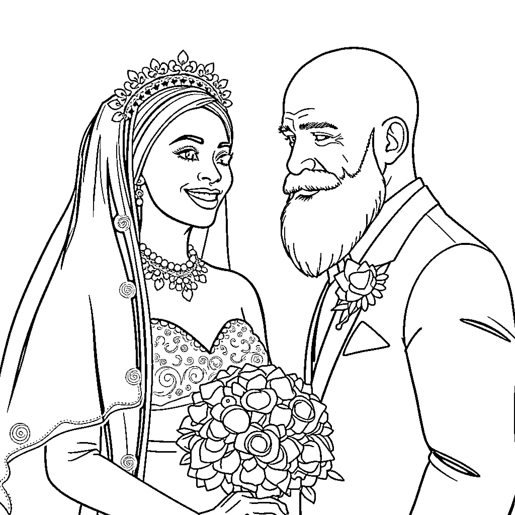 Woman in elegant attire with man in formal wear Coloring Page (free black-and-white line drawing printable PDF for all, from beginners to advanced learners, including children, teens, adults, and seniors)