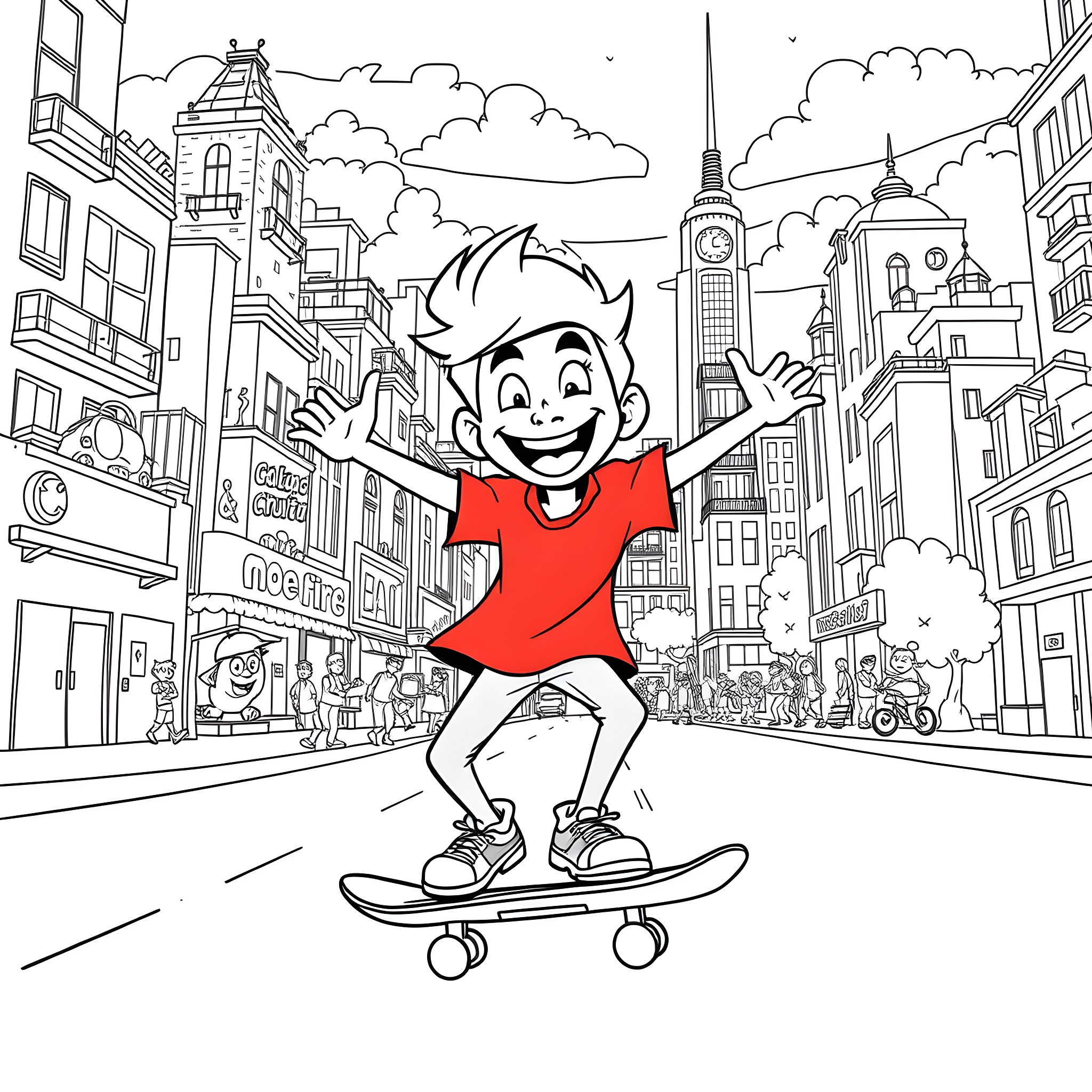 Max Skateboarding Through the City Streets Coloring Page (free black-and-white line drawing printable PDF for all, from beginners to advanced learners, including children, teens, adults, and seniors)