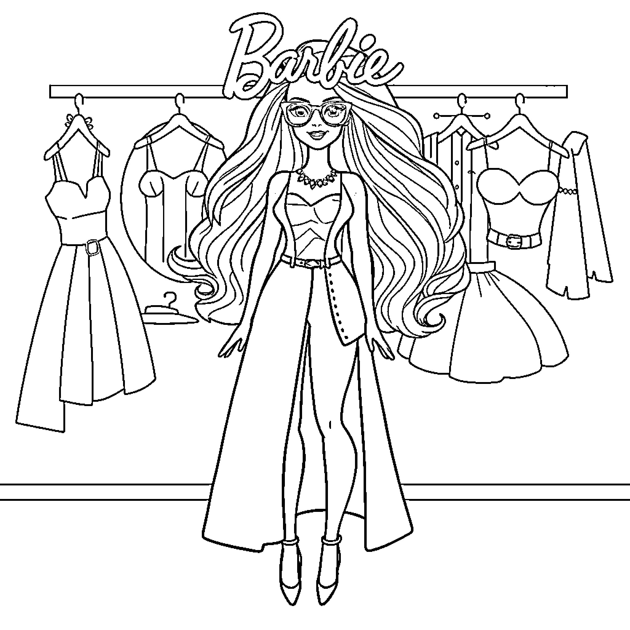 Barbie exploring her fashionable wardrobe Coloring Page (free black-and-white line drawing printable PDF for all, from beginners to advanced learners, including children, teens, adults, and seniors)