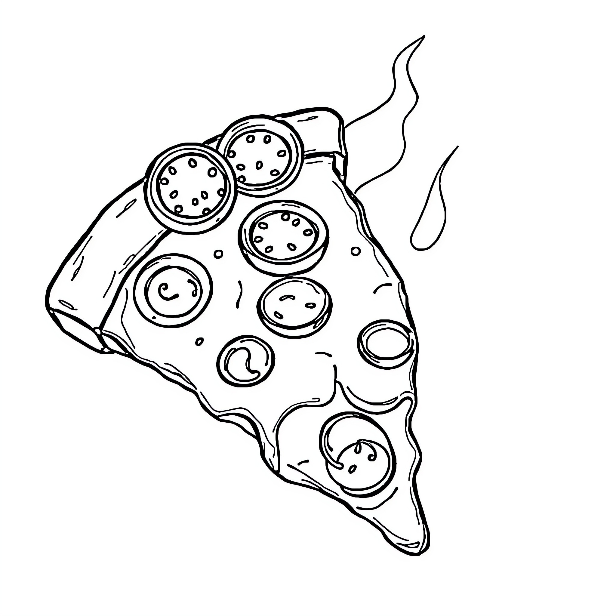 Pizza slice with toppings and cheese Coloring Page (free black-and-white line drawing printable PDF for all, from beginners to advanced learners, including children, teens, adults, and seniors)