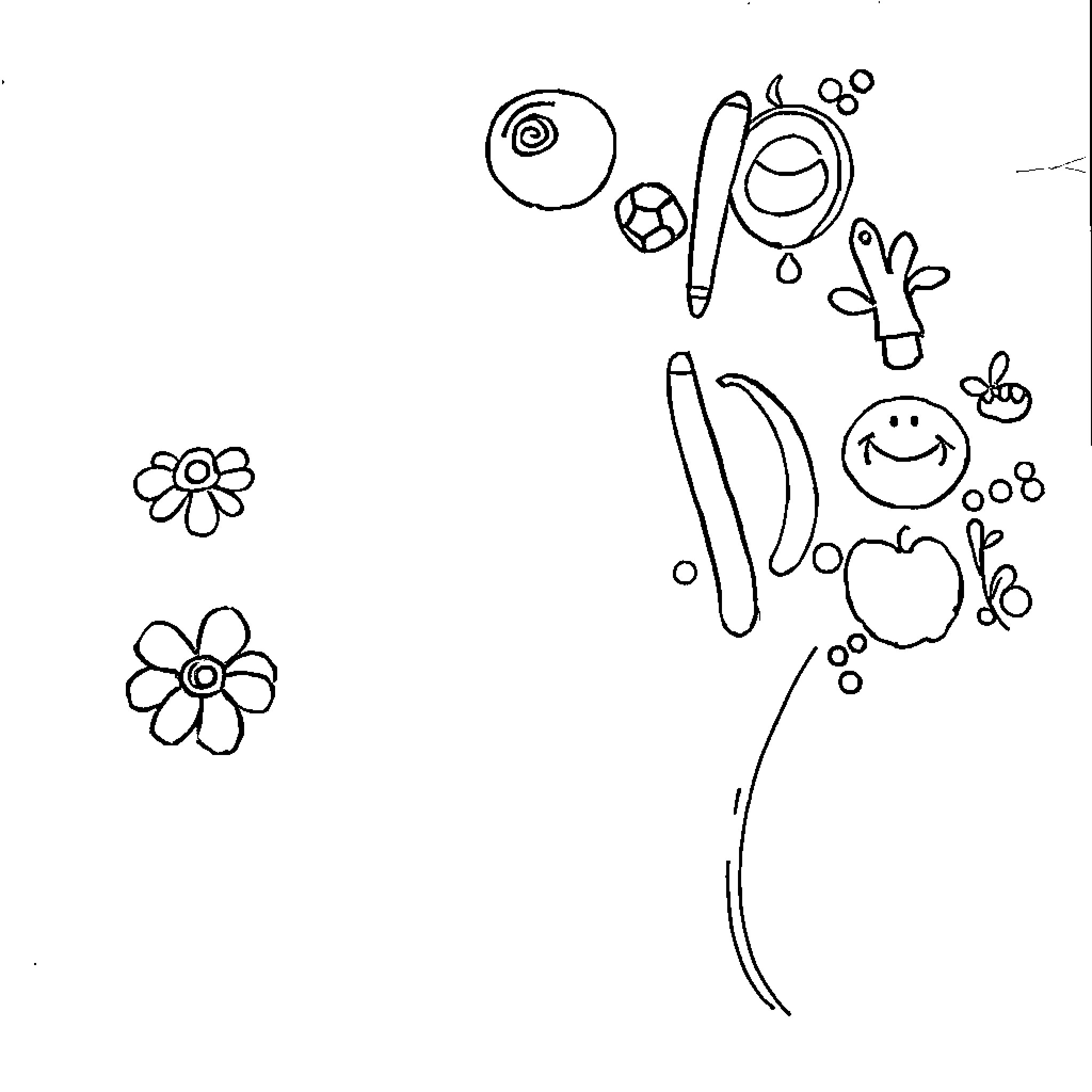 Doodle of playful objects and symbols Coloring Page (free black-and-white line drawing printable PDF for all, from beginners to advanced learners, including children, teens, adults, and seniors)