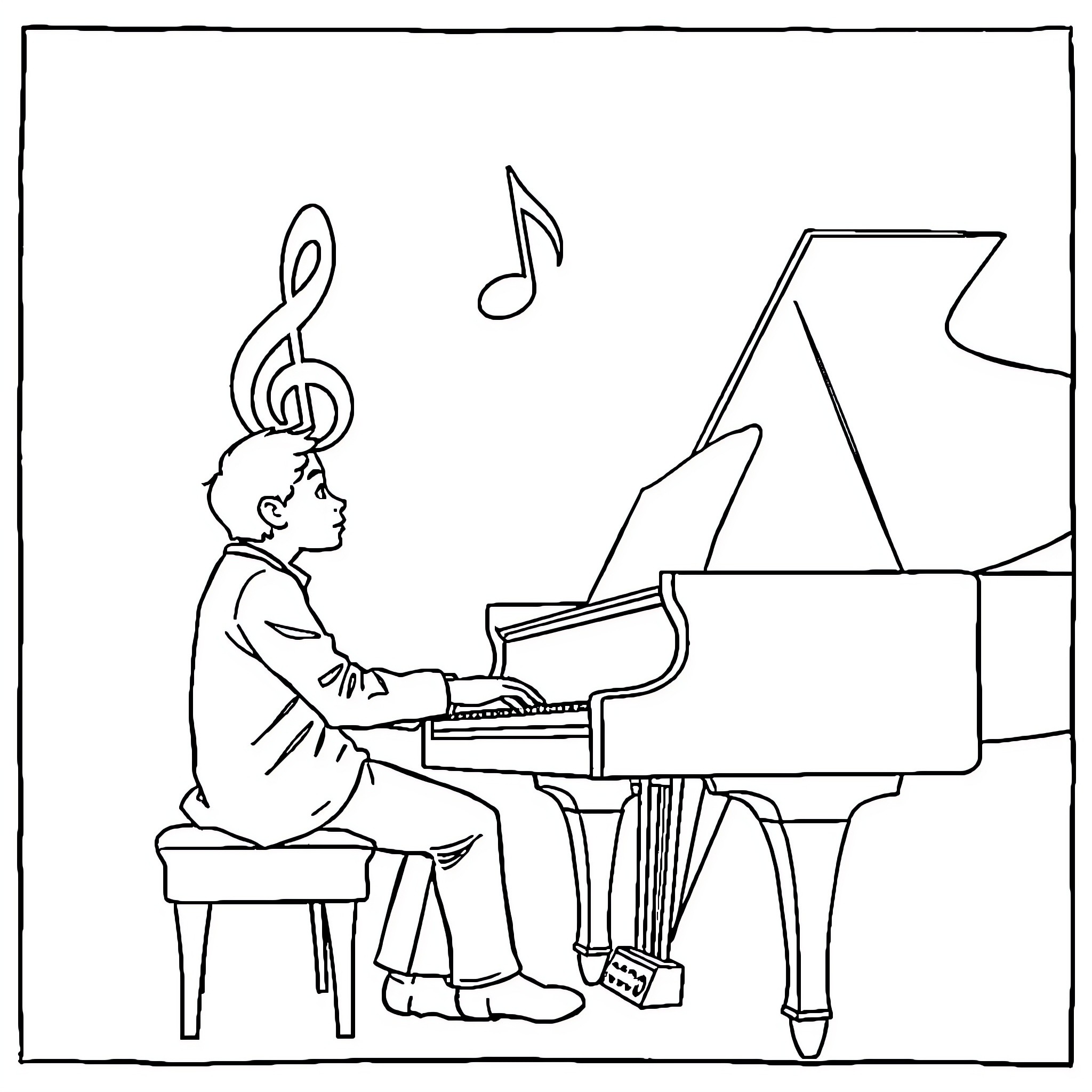 Treble Clef Musical Performer Playing Piano Coloring Page (free black-and-white line drawing printable PDF for all, from beginners to advanced learners, including children, teens, adults, and seniors)