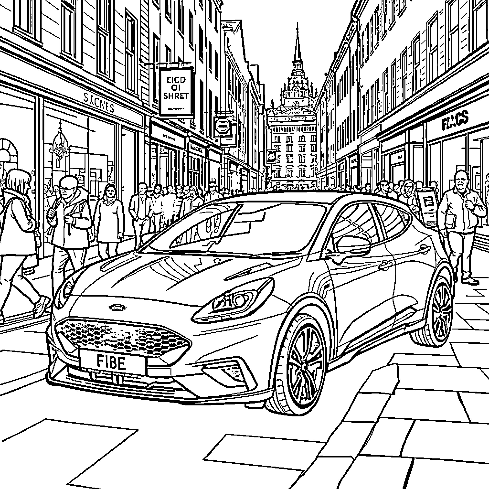 Ford Puma in a busy urban street scene Coloring Page (free black-and-white line drawing printable PDF for all, from beginners to advanced learners, including children, teens, adults, and seniors)