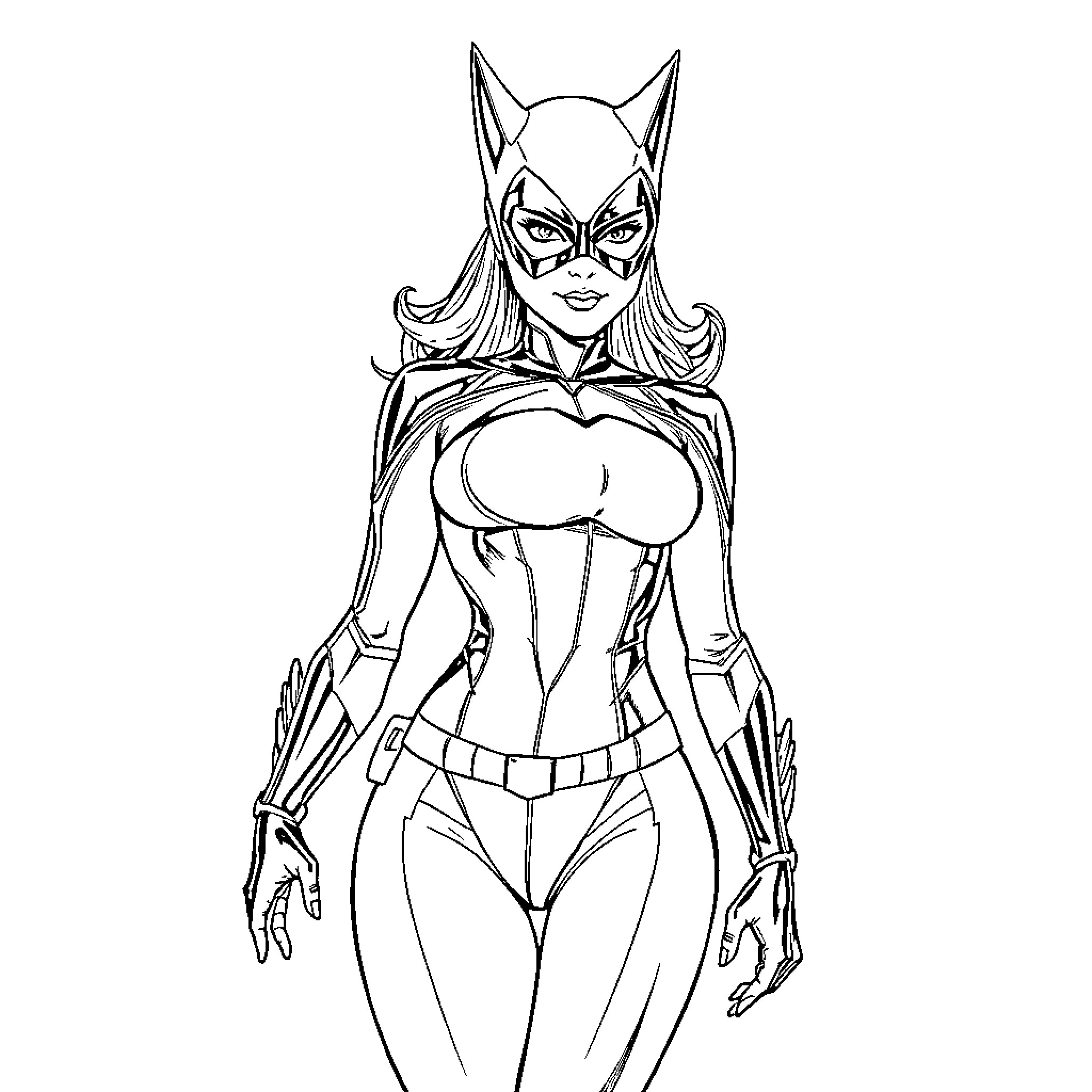 Catwoman in action-ready pose Coloring Page (free black-and-white line drawing printable PDF for all, from beginners to advanced learners, including children, teens, adults, and seniors)