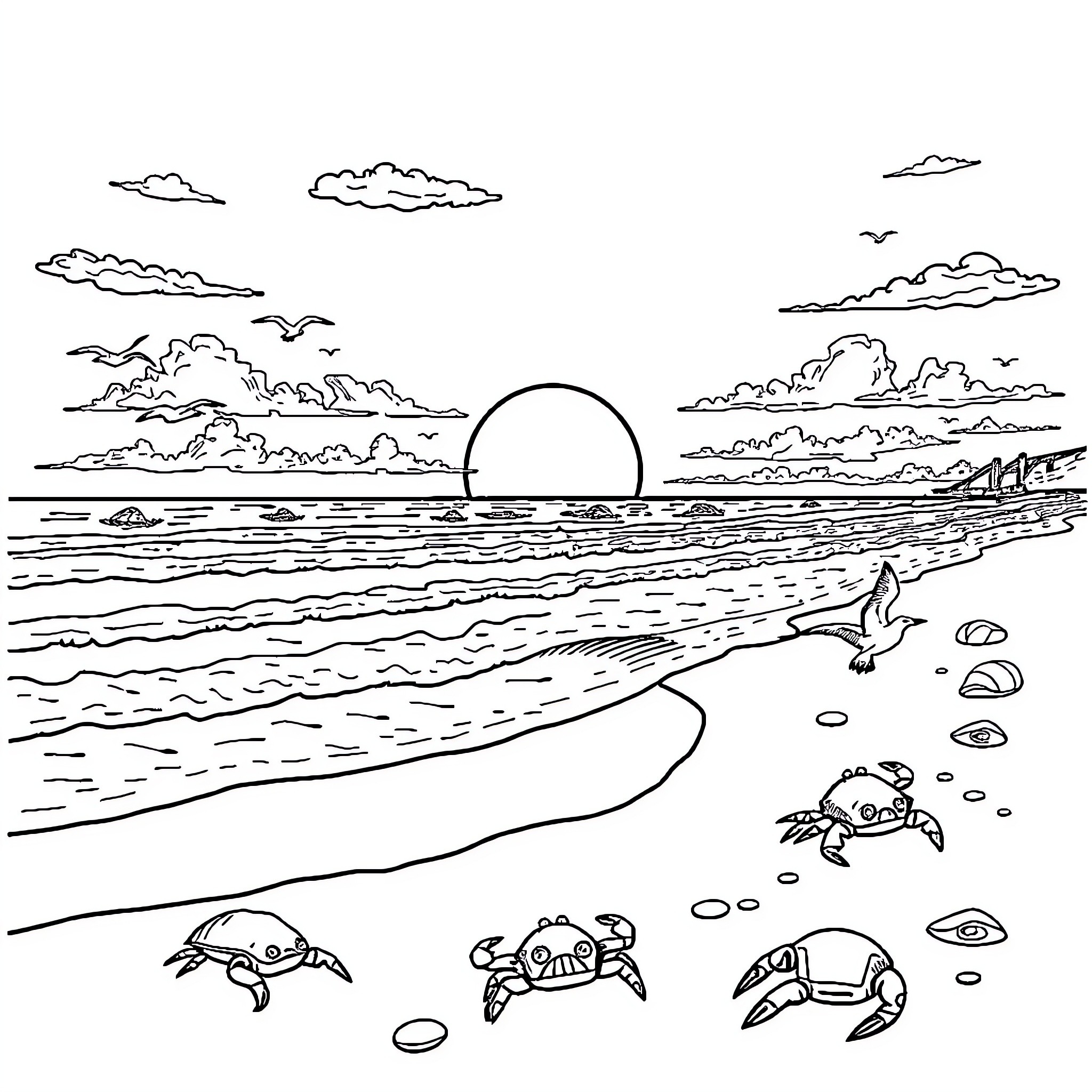 Sunset by the seashore with marine life Coloring Page (free black-and-white line drawing printable PDF for all, from beginners to advanced learners, including children, teens, adults, and seniors)