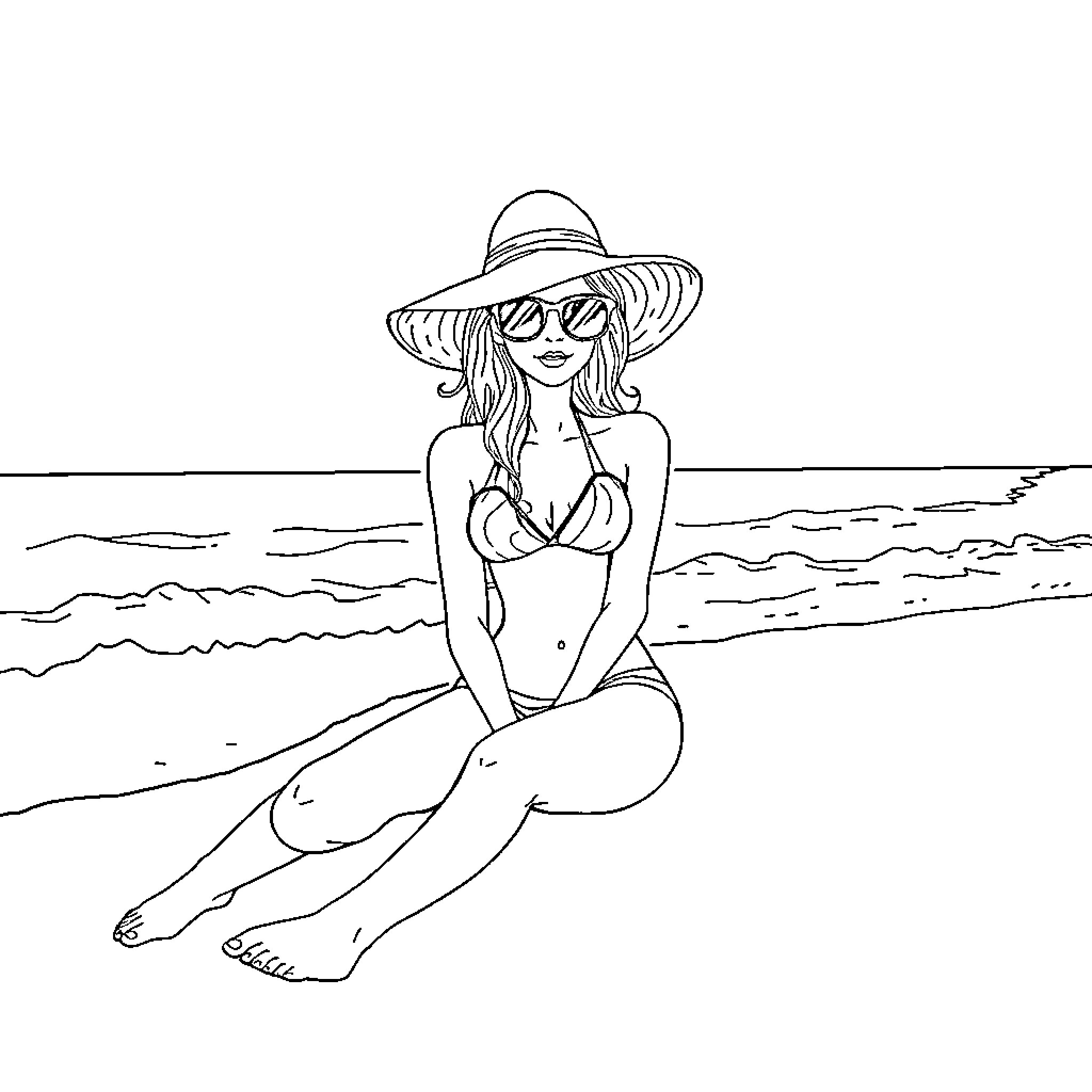 Two-Headed Woman Lounging on the Beach Coloring Page (free black-and-white line drawing printable PDF for all, from beginners to advanced learners, including children, teens, adults, and seniors)