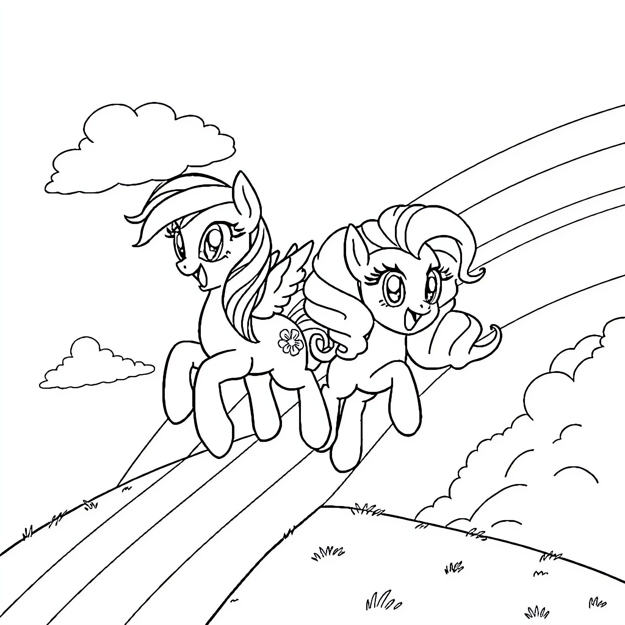 Rainbow Dash flying happily with a friend Coloring Page (free black-and-white line drawing printable PDF for all, from beginners to advanced learners, including children, teens, adults, and seniors)