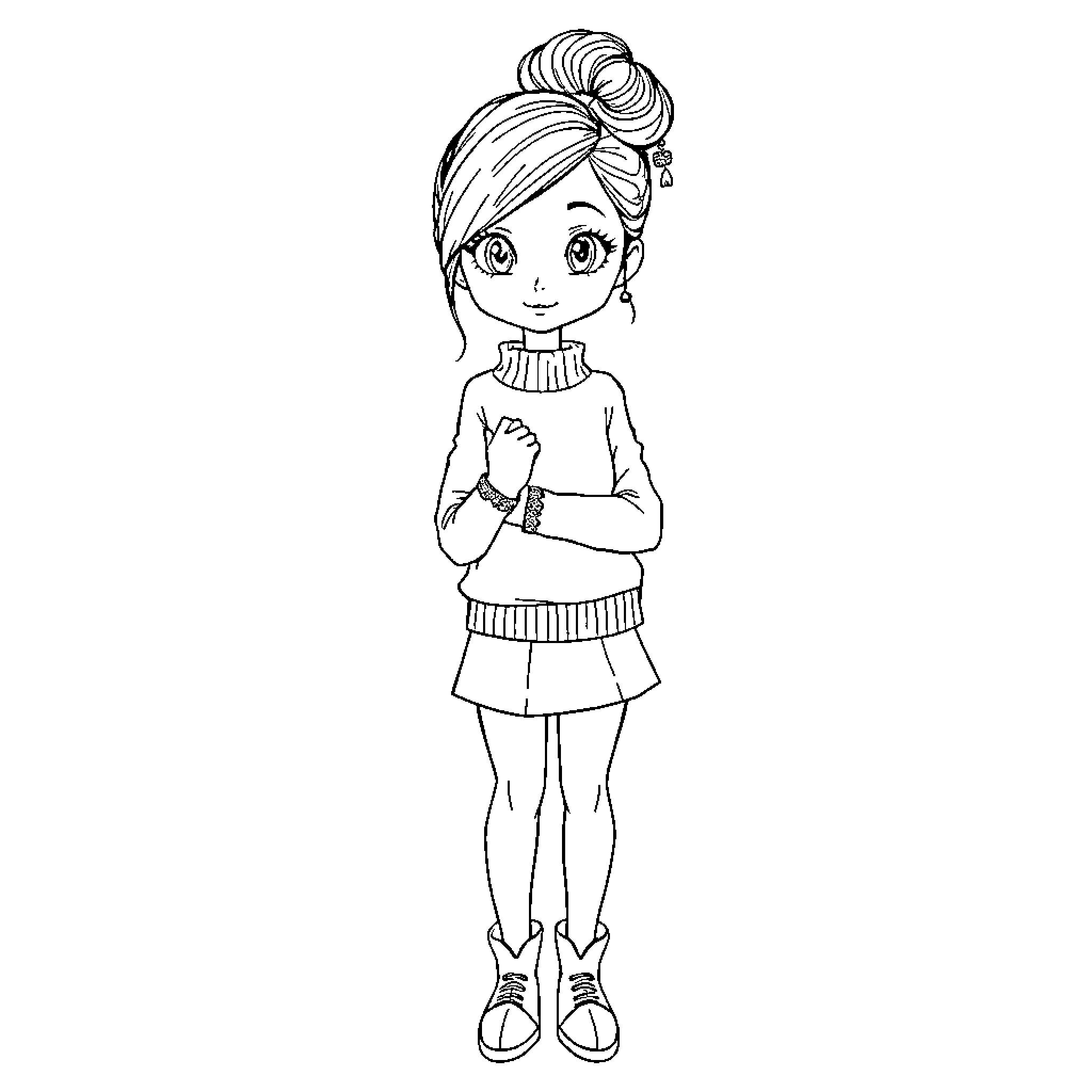 Fille with cheerful expression and stylish outfit Coloring Page (free black-and-white line drawing printable PDF for all, from beginners to advanced learners, including children, teens, adults, and seniors)