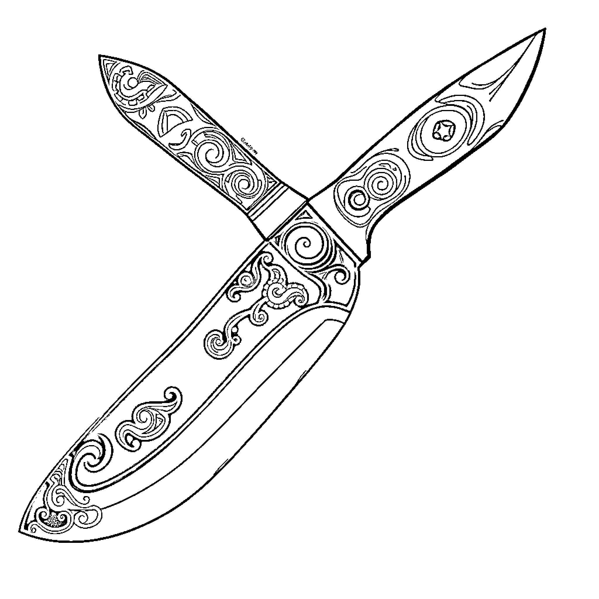 Balisong knife with intricate designs Coloring Page (free black-and-white line drawing printable PDF for all, from beginners to advanced learners, including children, teens, adults, and seniors)