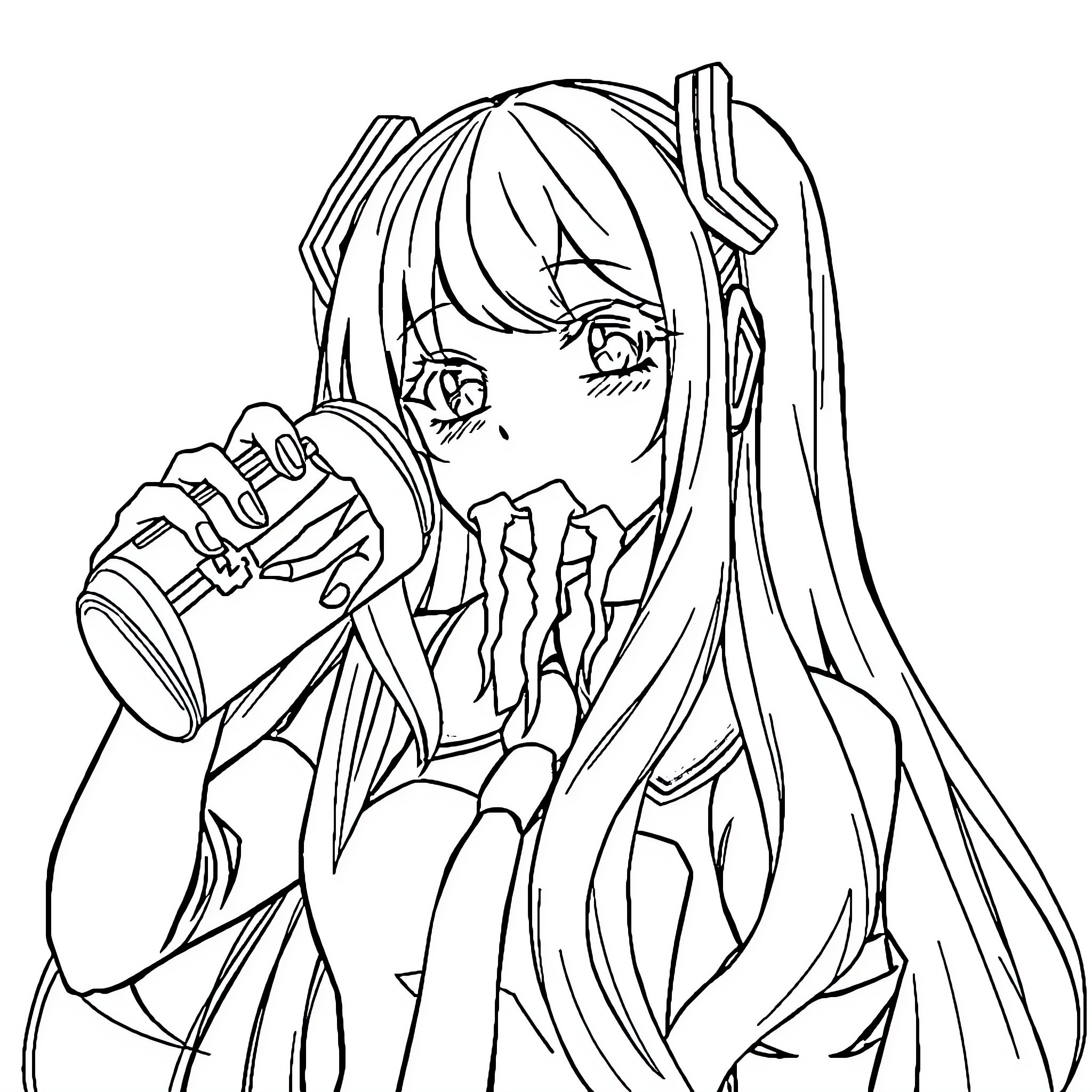 Hatsune Miku enjoying a beverage Coloring Page (free black-and-white line drawing printable PDF for all, from beginners to advanced learners, including children, teens, adults, and seniors)
