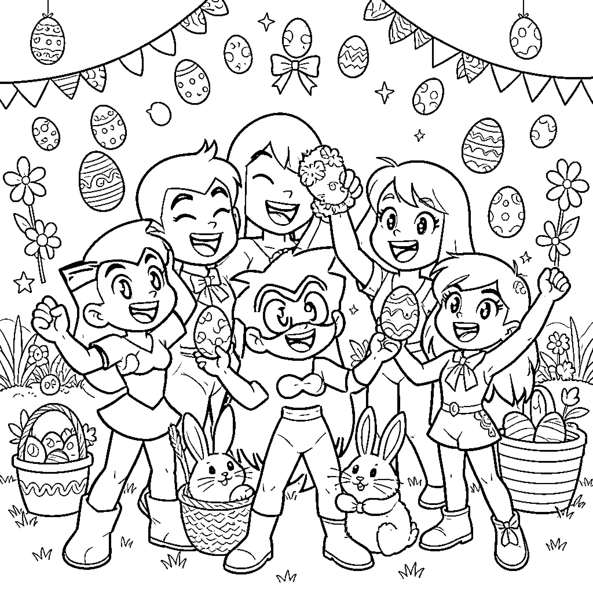 Teen Titans Celebrate Easter Together Joyfully Coloring Page (free black-and-white line drawing printable PDF for all, from beginners to advanced learners, including children, teens, adults, and seniors)