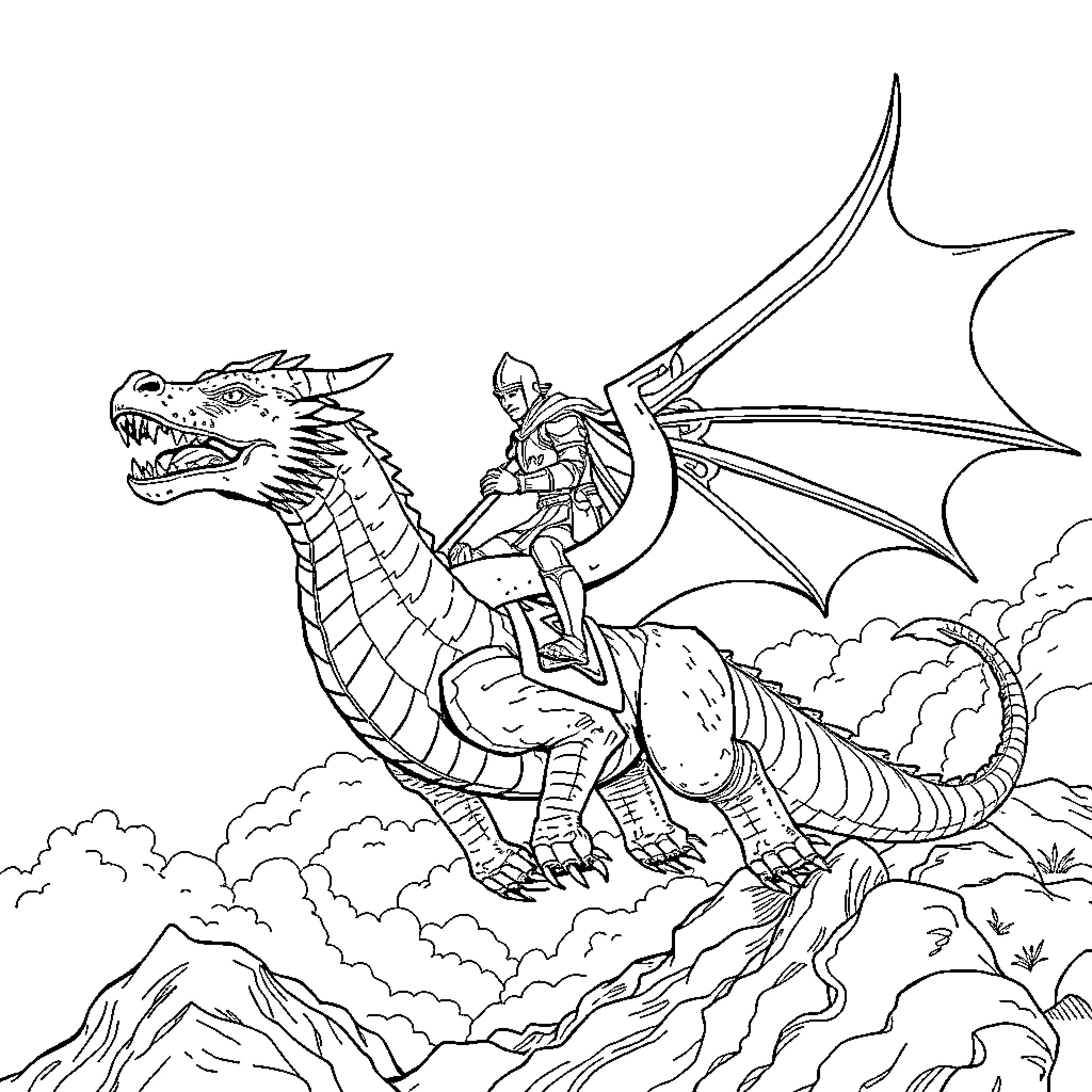 Knight Riding on a Fierce Dragon Above the Clouds Coloring Page (free black-and-white line drawing printable PDF for all, from beginners to advanced learners, including children, teens, adults, and seniors)