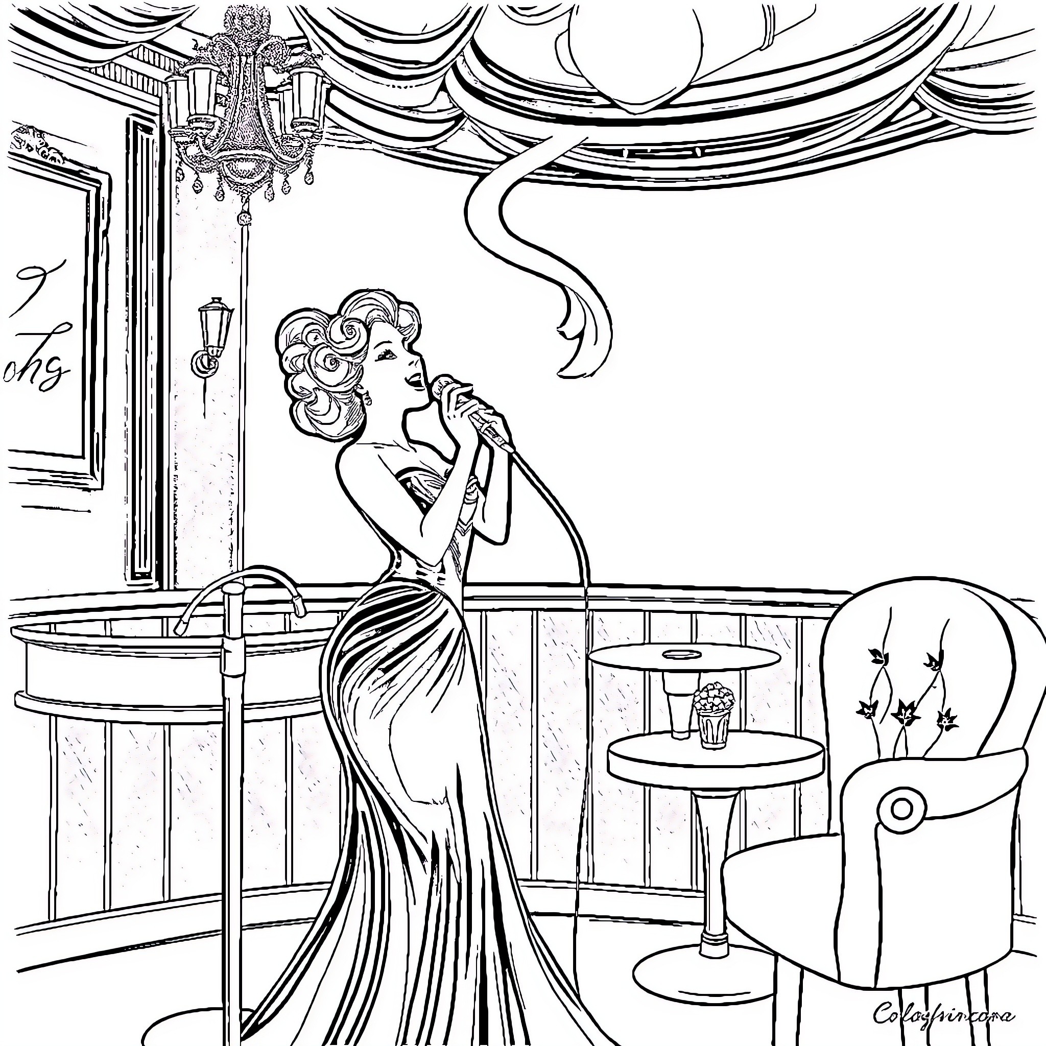 Lady Dimitrescu entertaining with captivating performance Coloring Page (free black-and-white line drawing printable PDF for all, from beginners to advanced learners, including children, teens, adults, and seniors)