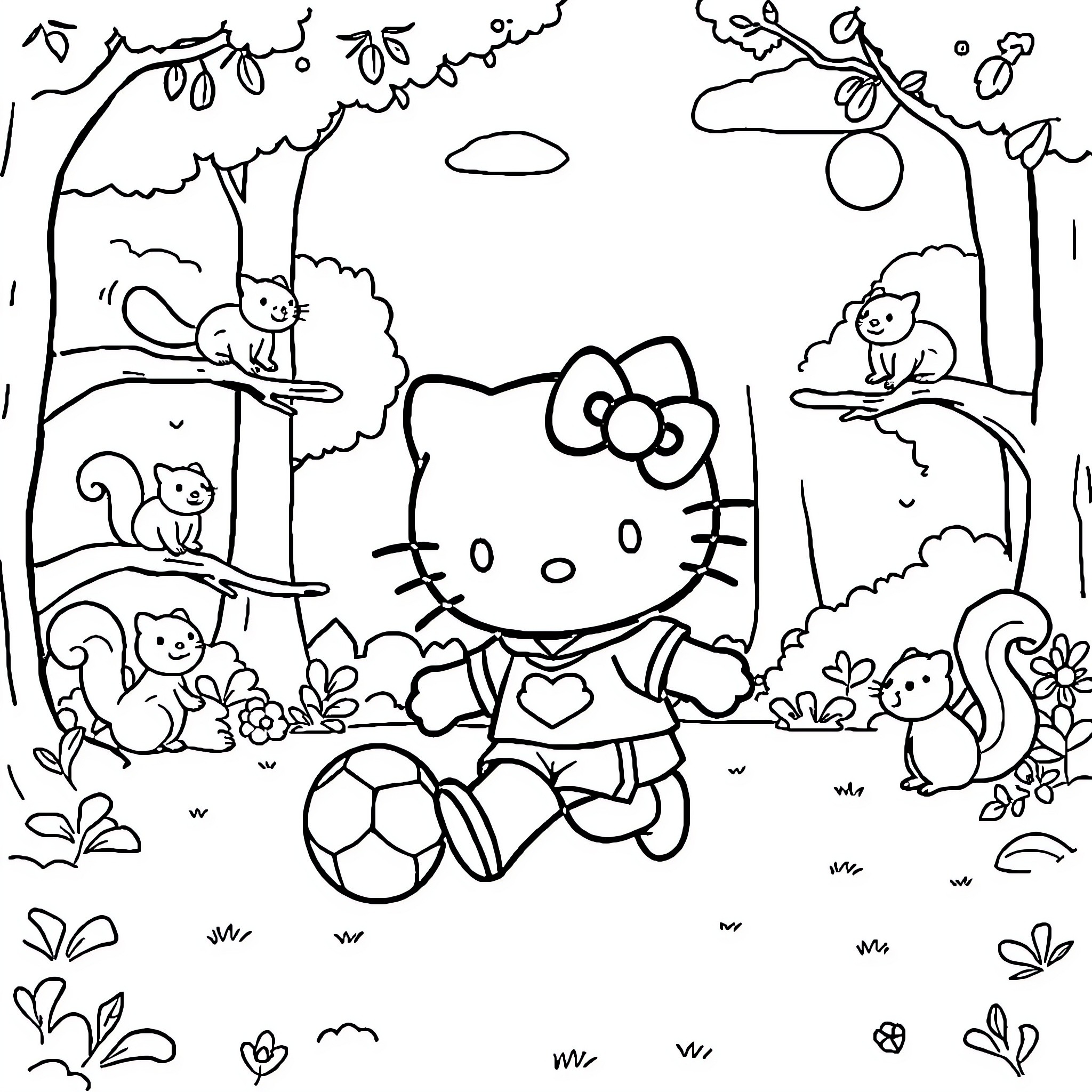 Hello Kitty playing with forest friends Coloring Page (free black-and-white line drawing printable PDF for all, from beginners to advanced learners, including children, teens, adults, and seniors)