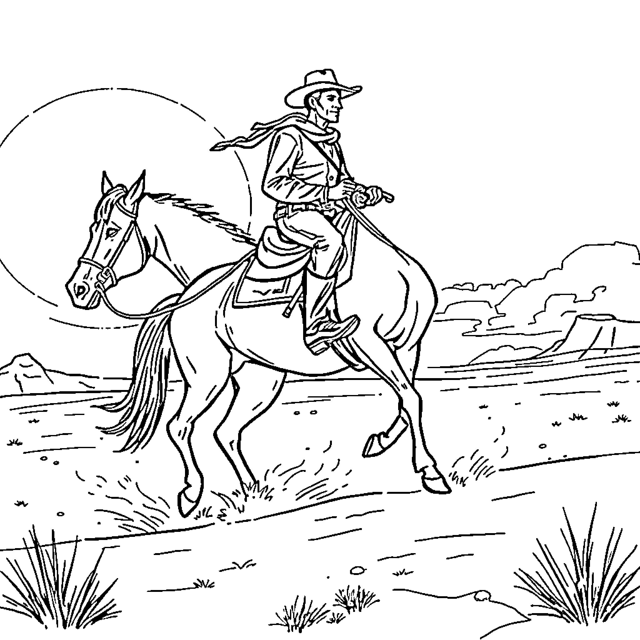 Cowboy riding a horse across the prairie Coloring Page (free black-and-white line drawing printable PDF for all, from beginners to advanced learners, including children, teens, adults, and seniors)
