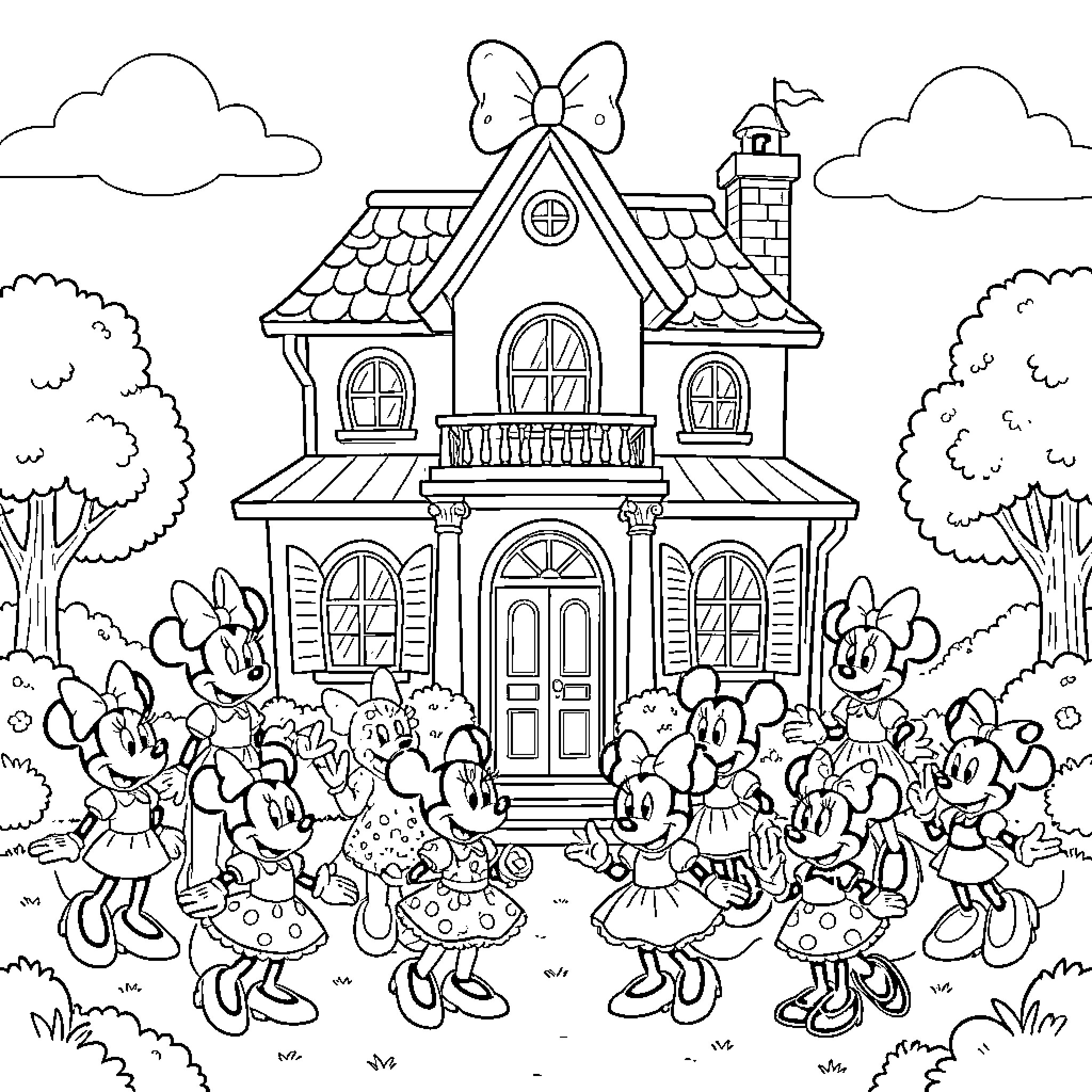 Minnie Mouse and friends posing in front of a house Coloring Page (free black-and-white line drawing printable PDF for all, from beginners to advanced learners, including children, teens, adults, and seniors)