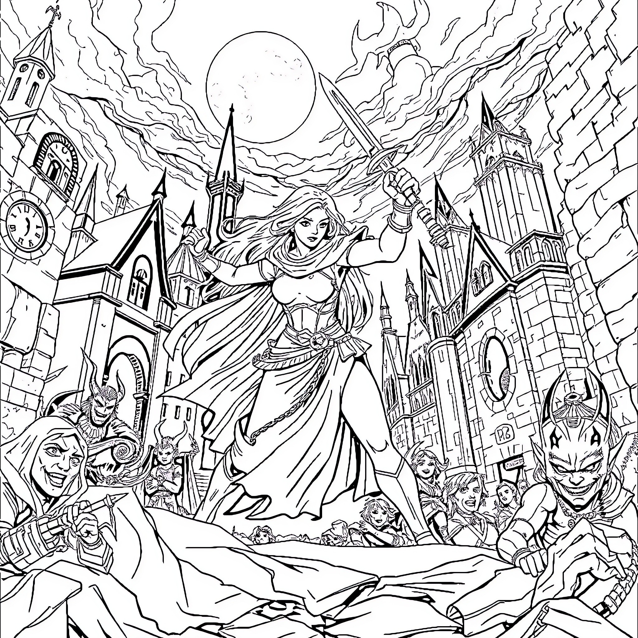 Monk confronting supernatural forces in a fantastical city Coloring Page (free black-and-white line drawing printable PDF for all, from beginners to advanced learners, including children, teens, adults, and seniors)